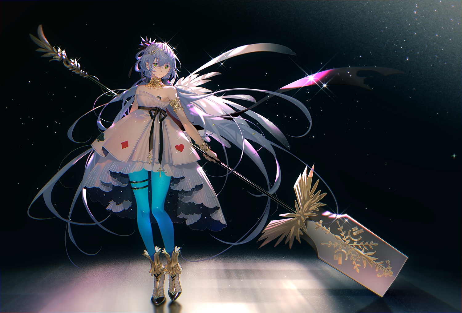 dress, green_eyes, long_hair, luo_tianyi, pantyhose, purple_hair, tidsean, twintails