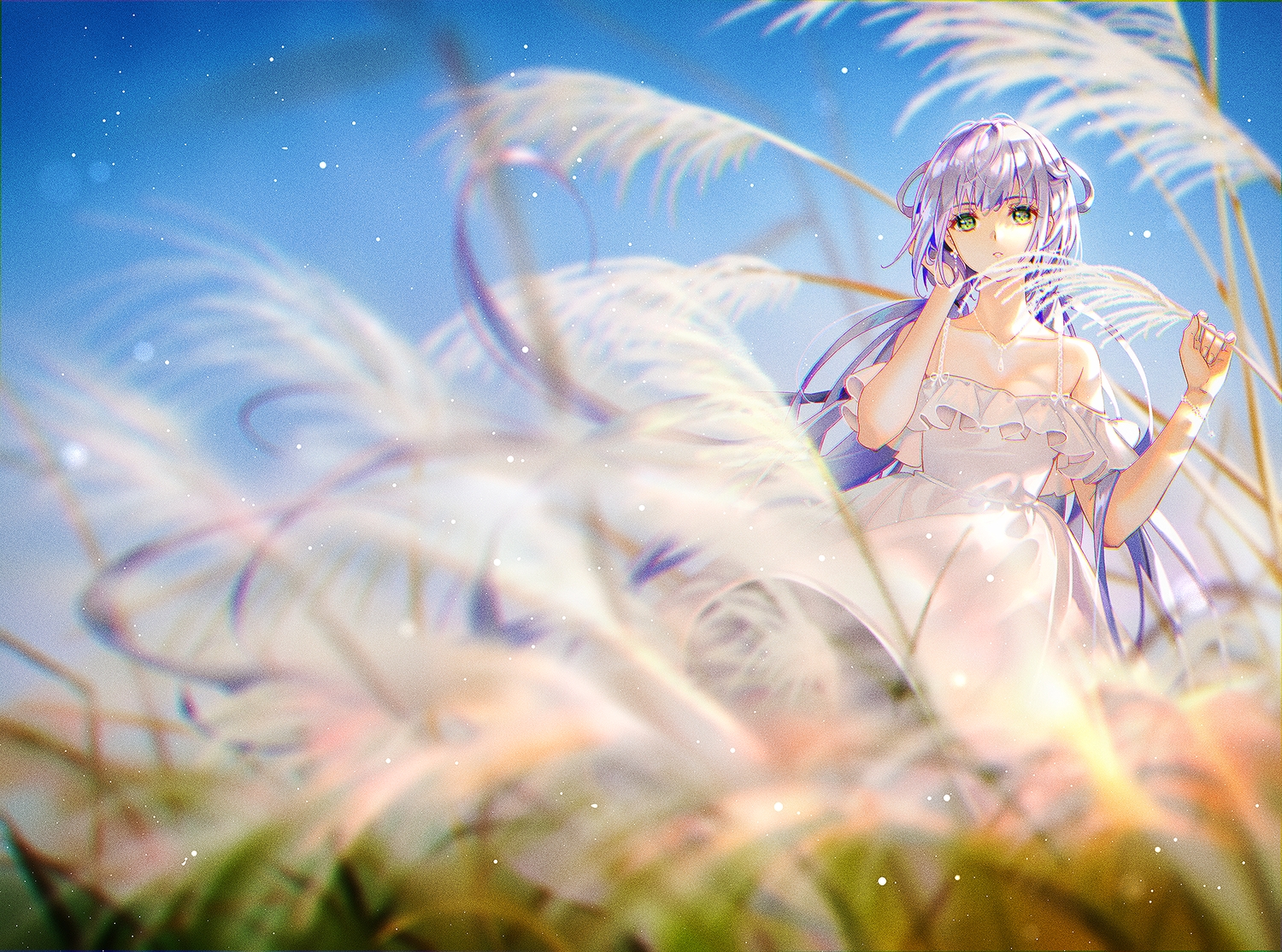 dress, grass, green_eyes, long_hair, luo_tianyi, purple_hair, sky, summer_dress
