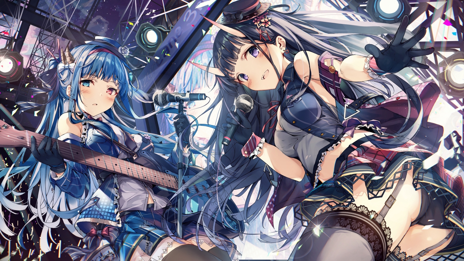 2girls, anthropomorphism, ass, azur_lane, bicolored_eyes, blue_hair, garter_belt, gloves
