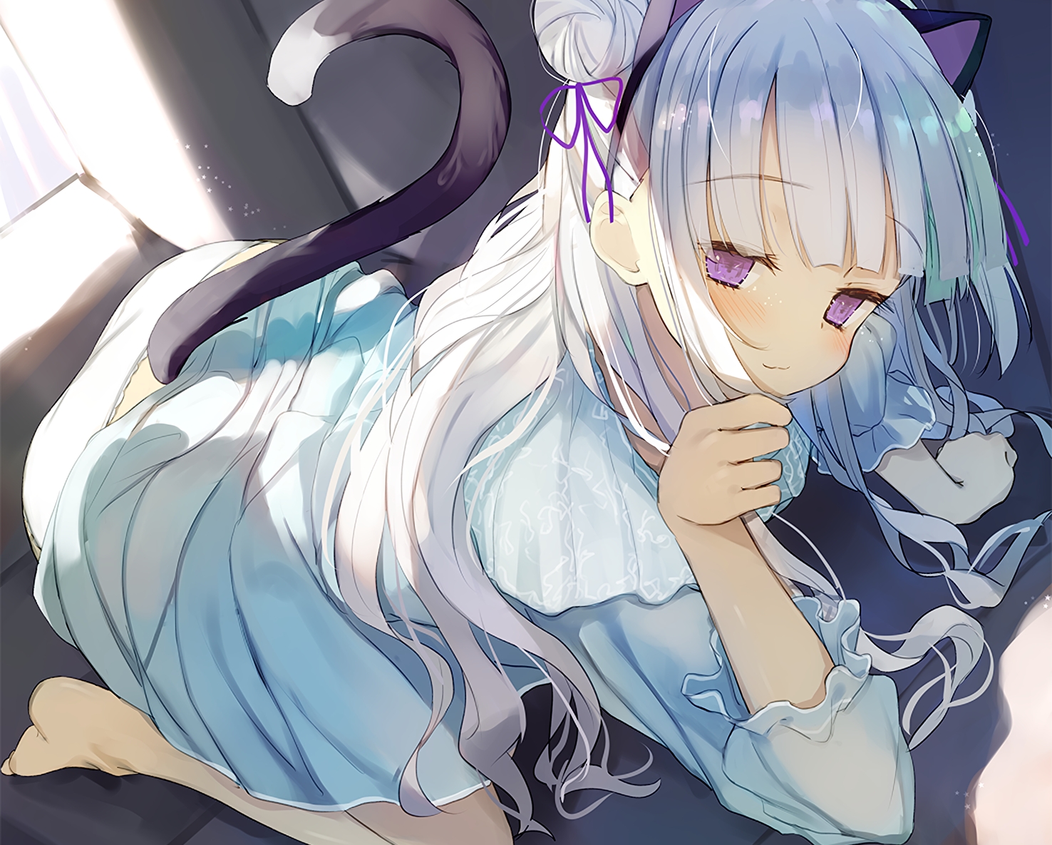 animal_ears, ass, blush, catgirl, cat_smile, close, couch, cropped, dress, gray_hair, kamizaki_hibana, long_hair, original, panties, purple_eyes, tail, underwear, waifu2x