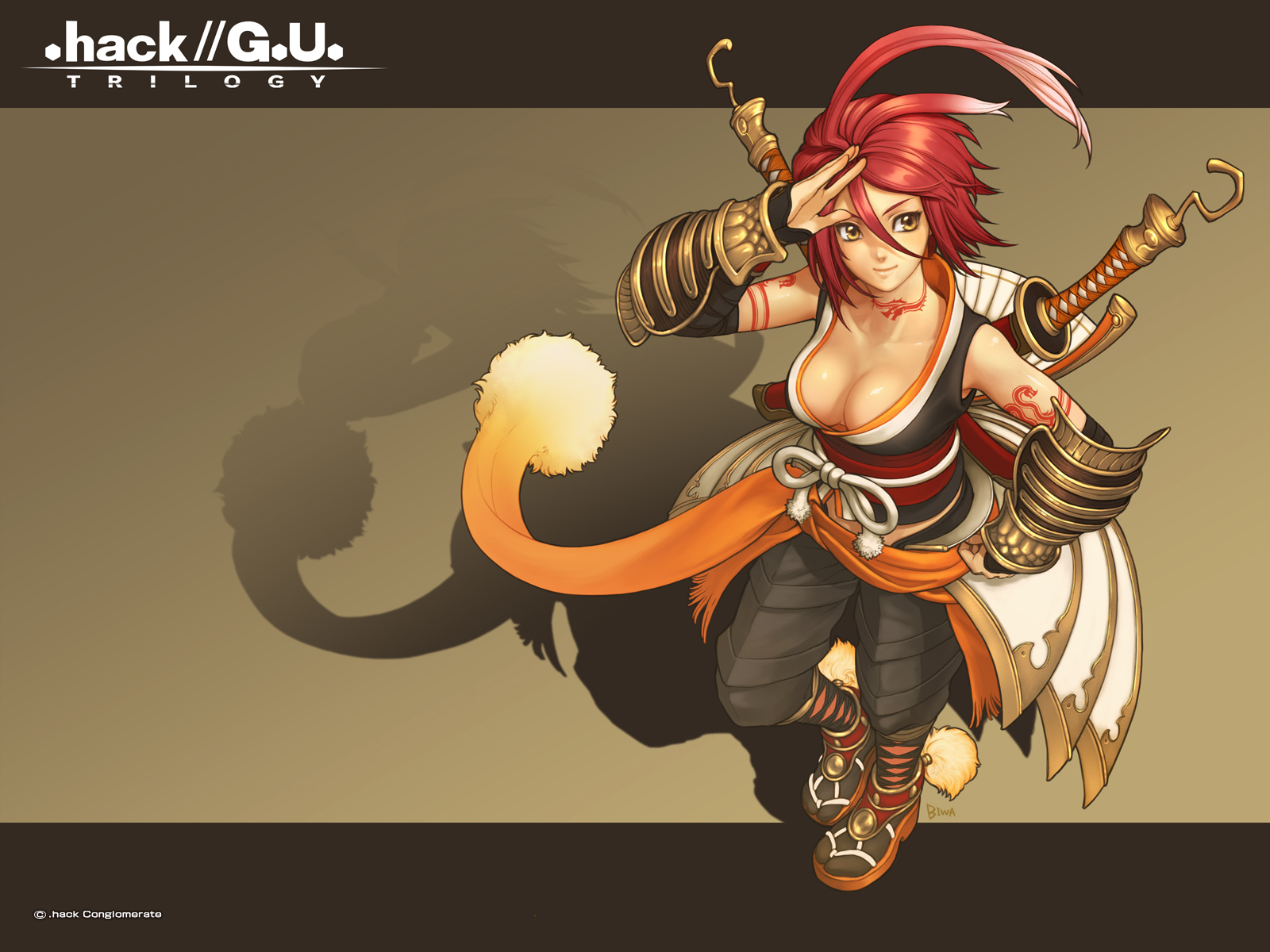 alkaid, armor, biwa, boots, breasts, cleavage, .hack//, .hack//g.u., .hack//link, red_hair, short_hair, sword, tattoo, weapon, yellow_eyes