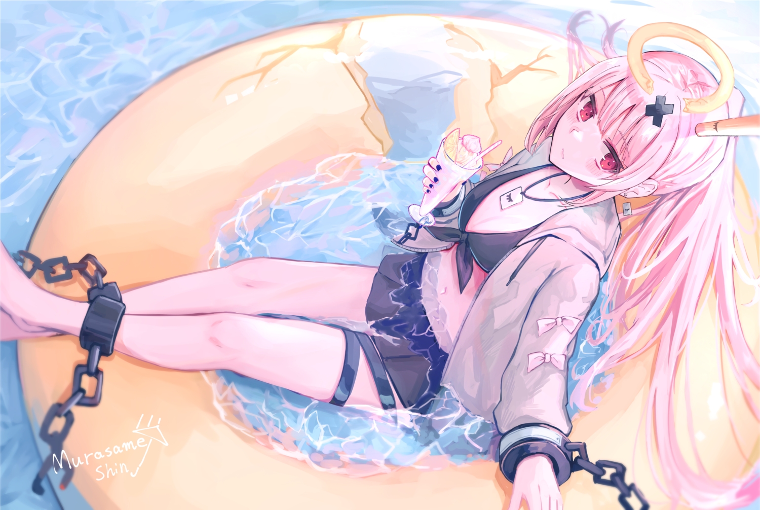 bikini, blush, bondage, breasts, chain, cleavage, drink, halo, hood, long_hair, original, pink_hair, ponytail, red_eyes, shackles, shin_murasame, signed, skirt, swim_ring, swimsuit, water, wristwear