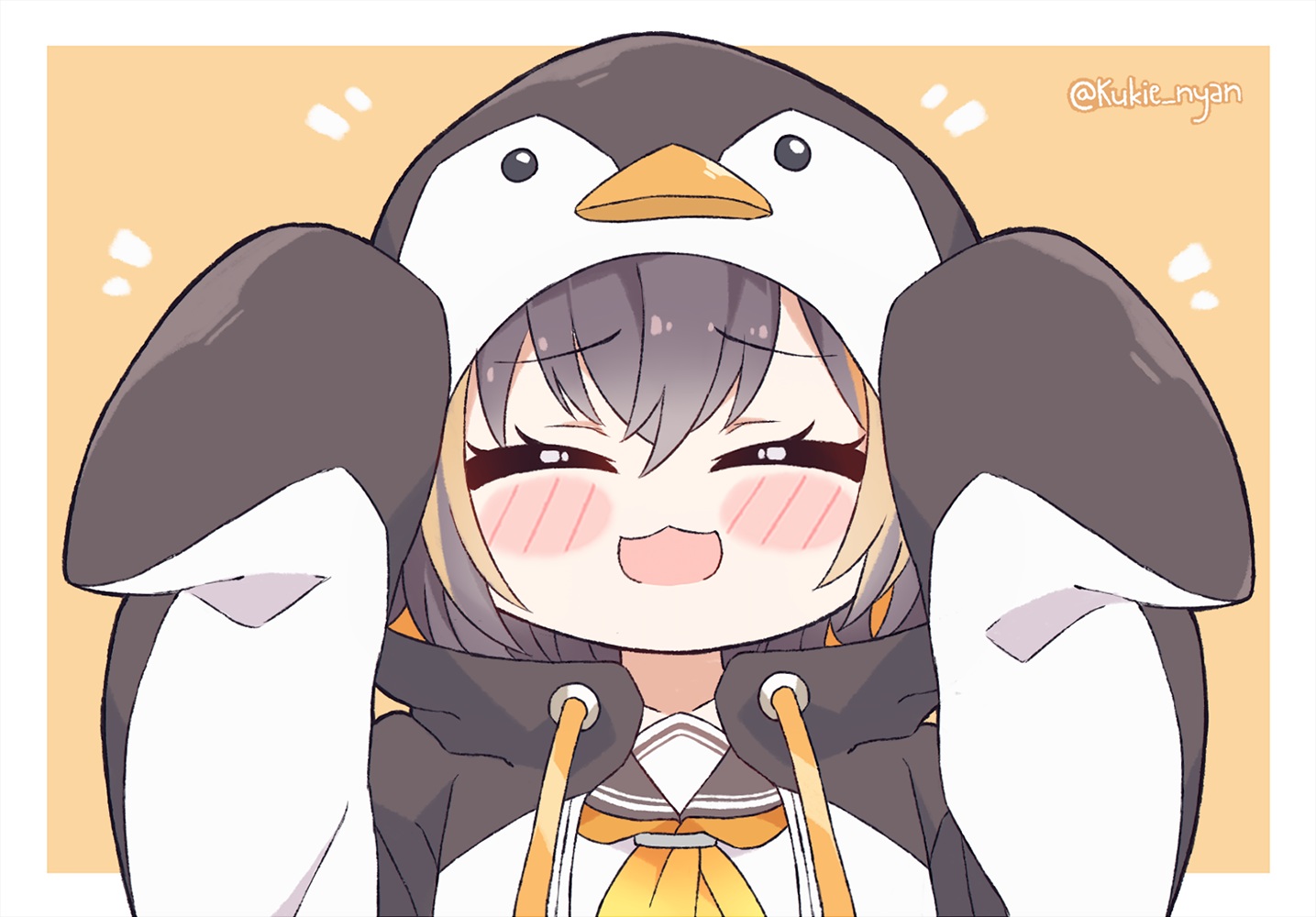 black_hair, blush, cat_smile, chibi, close, hood, kukie-nyan, nijisanji, petra_gurin, polychromatic, school_uniform, short_hair, watermark