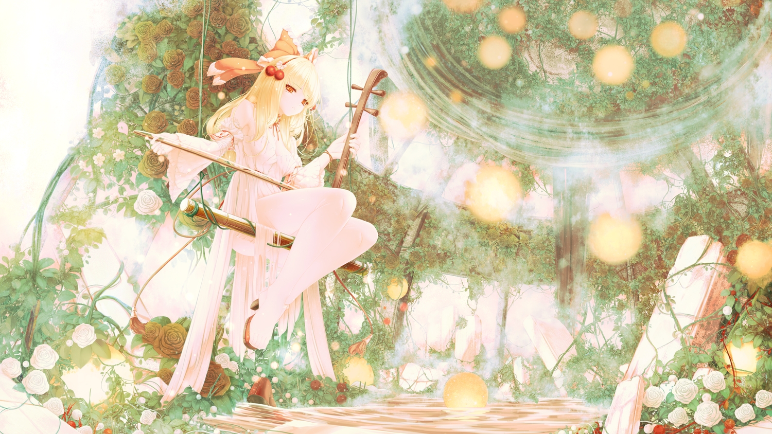 blonde_hair, breasts, cleavage, dress, flowers, green, headband, instrument