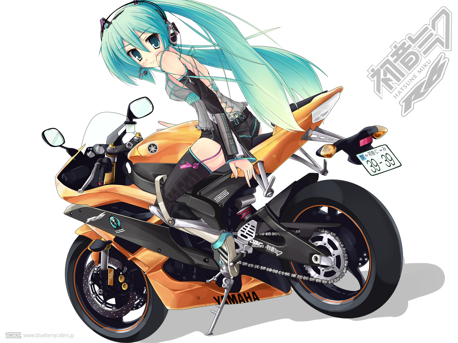 ayase_hikaru, blue_hair, hatsune_miku, headphones, long_hair, microphone, motorcycle, shorts, vocaloid, watermark, white