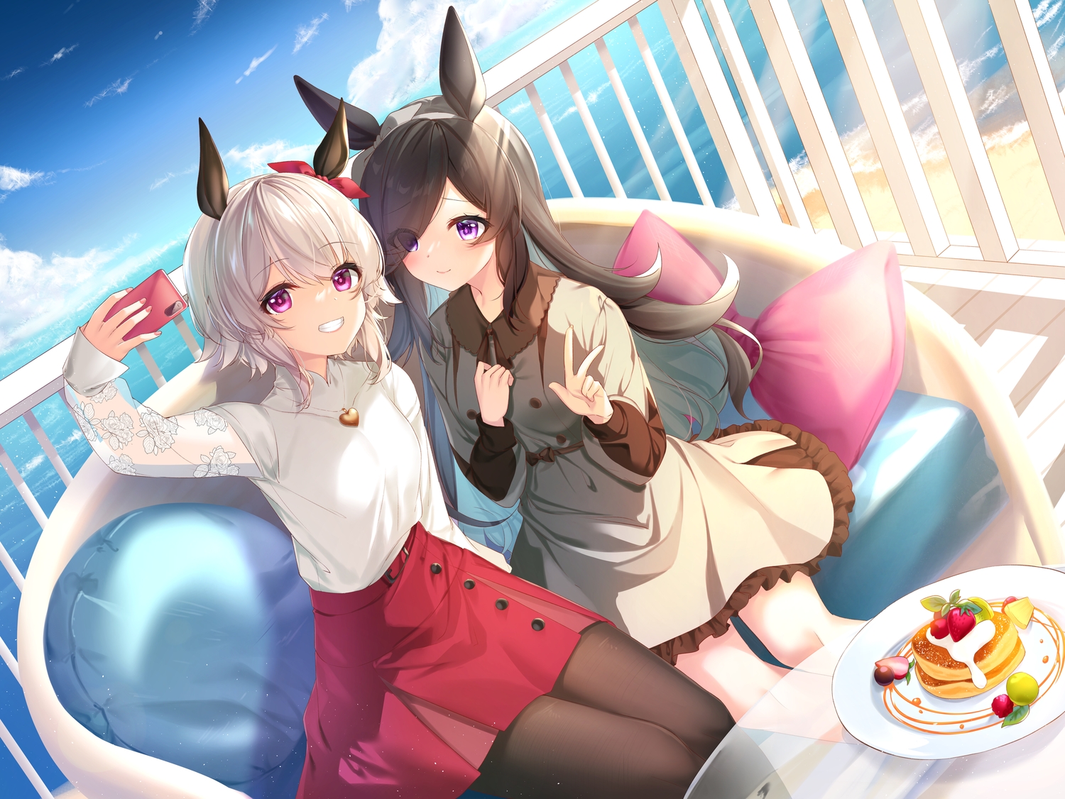 2girls, animal_ears, anthropomorphism, brown_hair, camera, clouds, curren_chan_(umamusume), dress