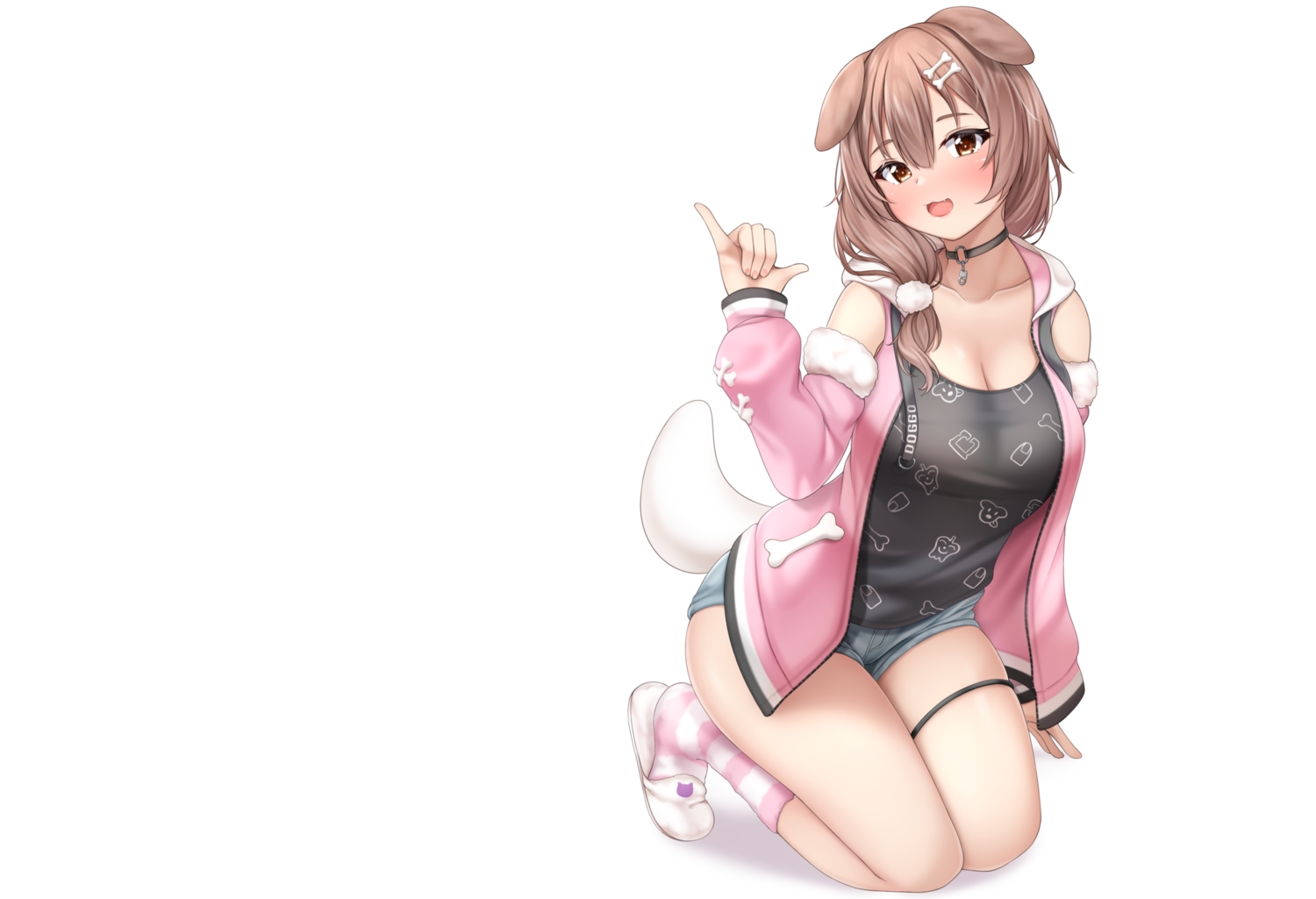 animal_ears, breasts, brown_eyes, brown_hair, cat_smile, cleavage, collar, fang, garter, hololive, hood, inugami_korone, lomocya, ponytail, short_hair, shorts, socks, tail, white