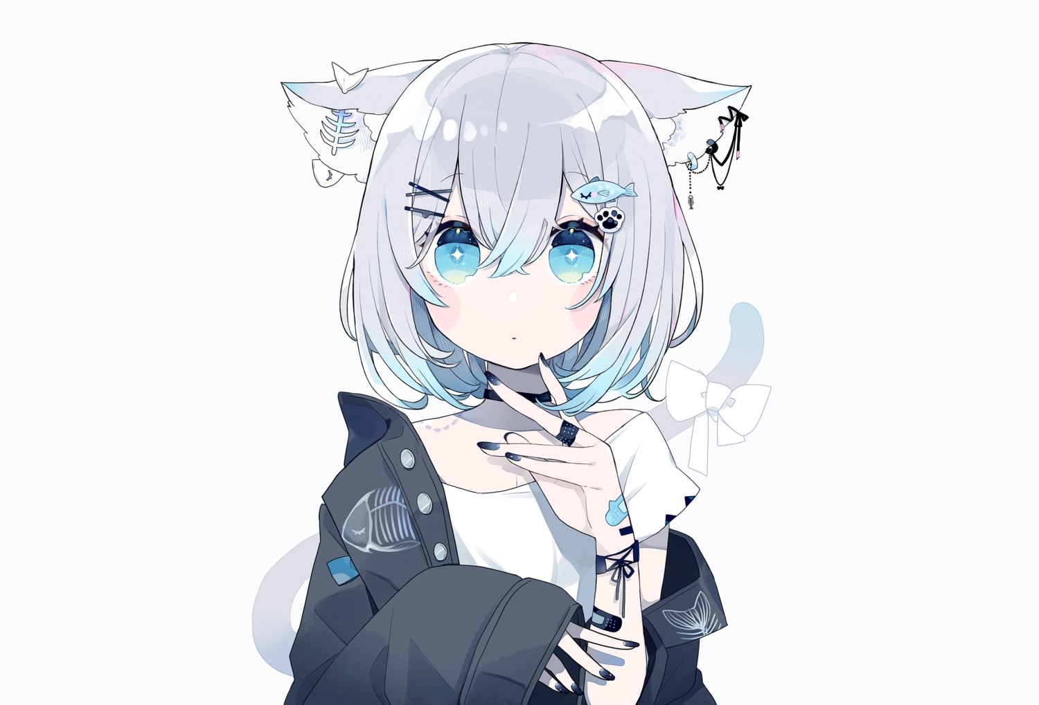 animal_ears, aqua_eyes, bandaid, catgirl, choker, chon_(chon33v), gray_hair, original, polychromatic, short_hair, tail, third-party_edit, white, wristwear