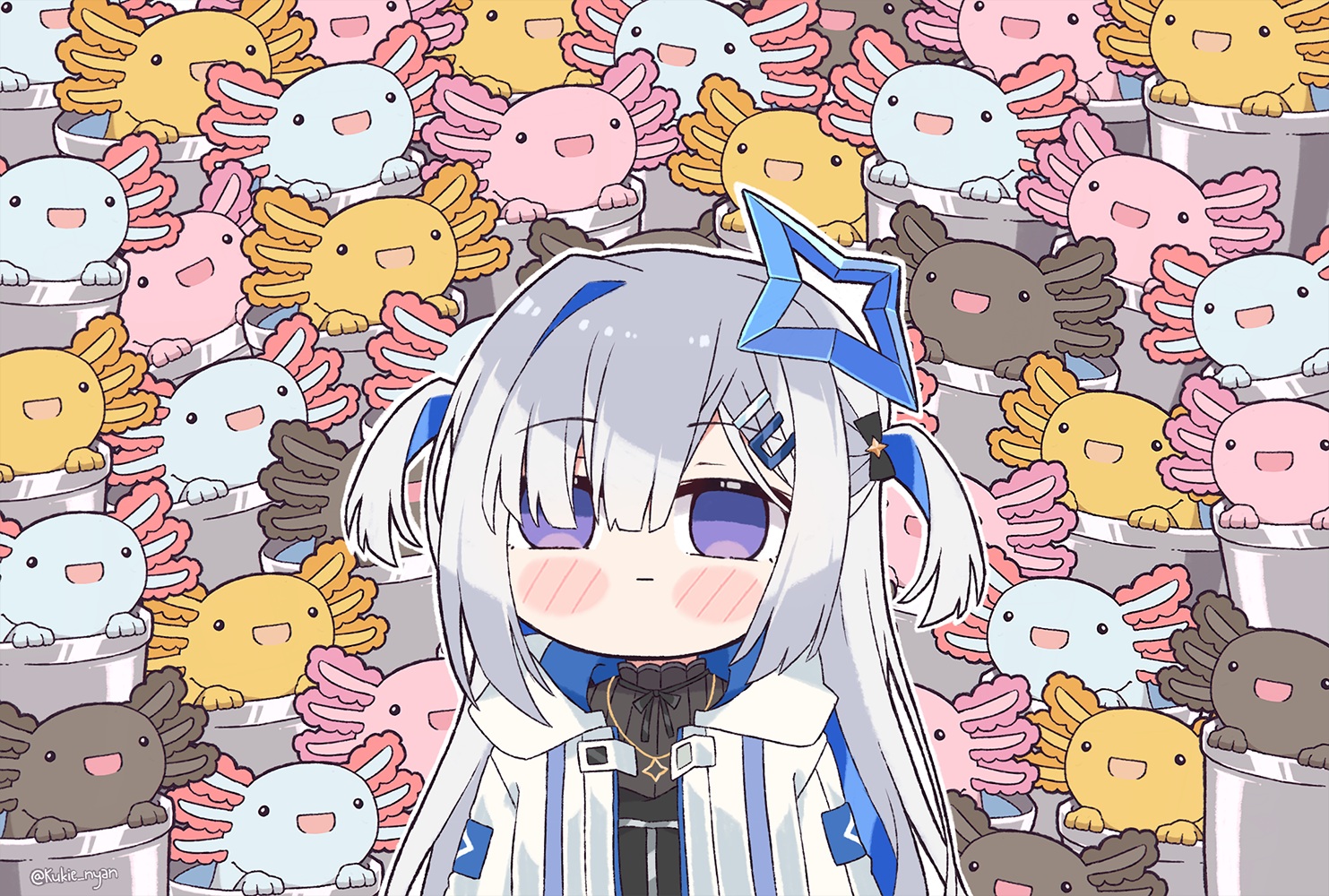 amane_kanata, angel, animal, blush, chibi, gray_hair, halo, hololive