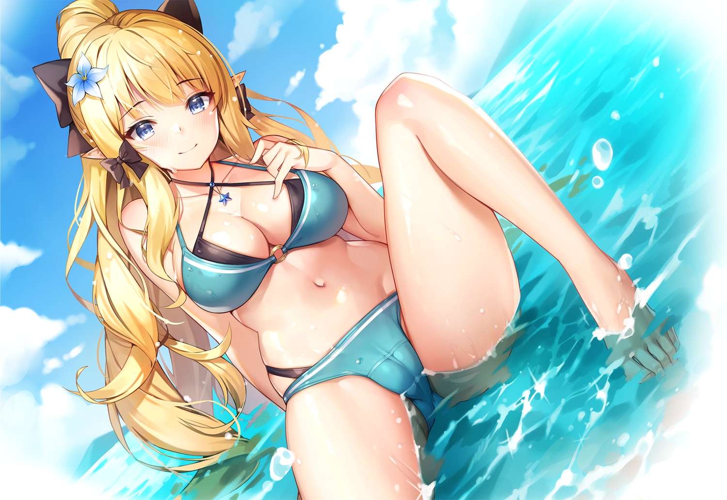 barefoot, bikini, blonde_hair, blush, breast_hold, cameltoe, clouds, long_hair
