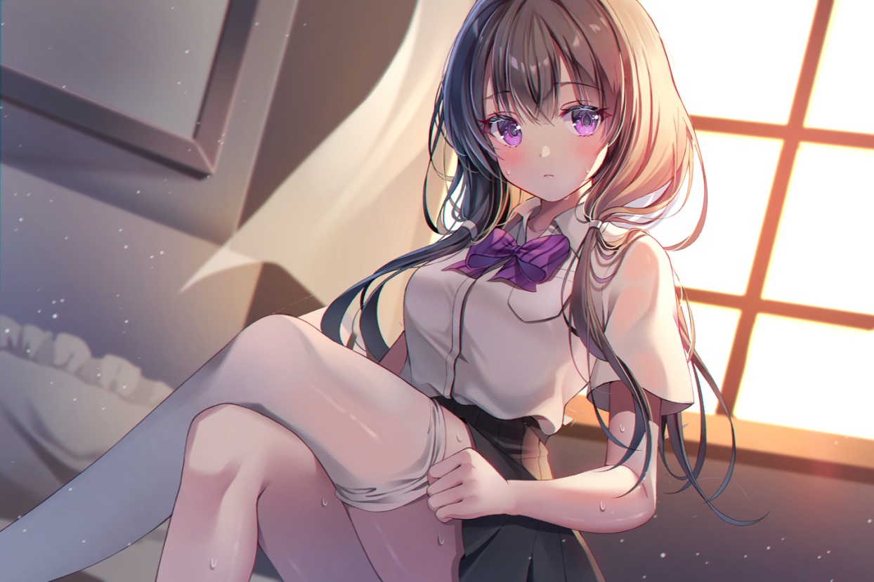 bed, blush, bow, brown_hair, gin_(gin937), long_hair, original, purple_eyes, school_uniform, skirt, thighhighs, twintails