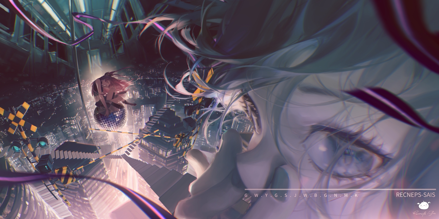 2girls, brown_hair, building, city, close, hatsune_miku, long_hair, megurine_luka