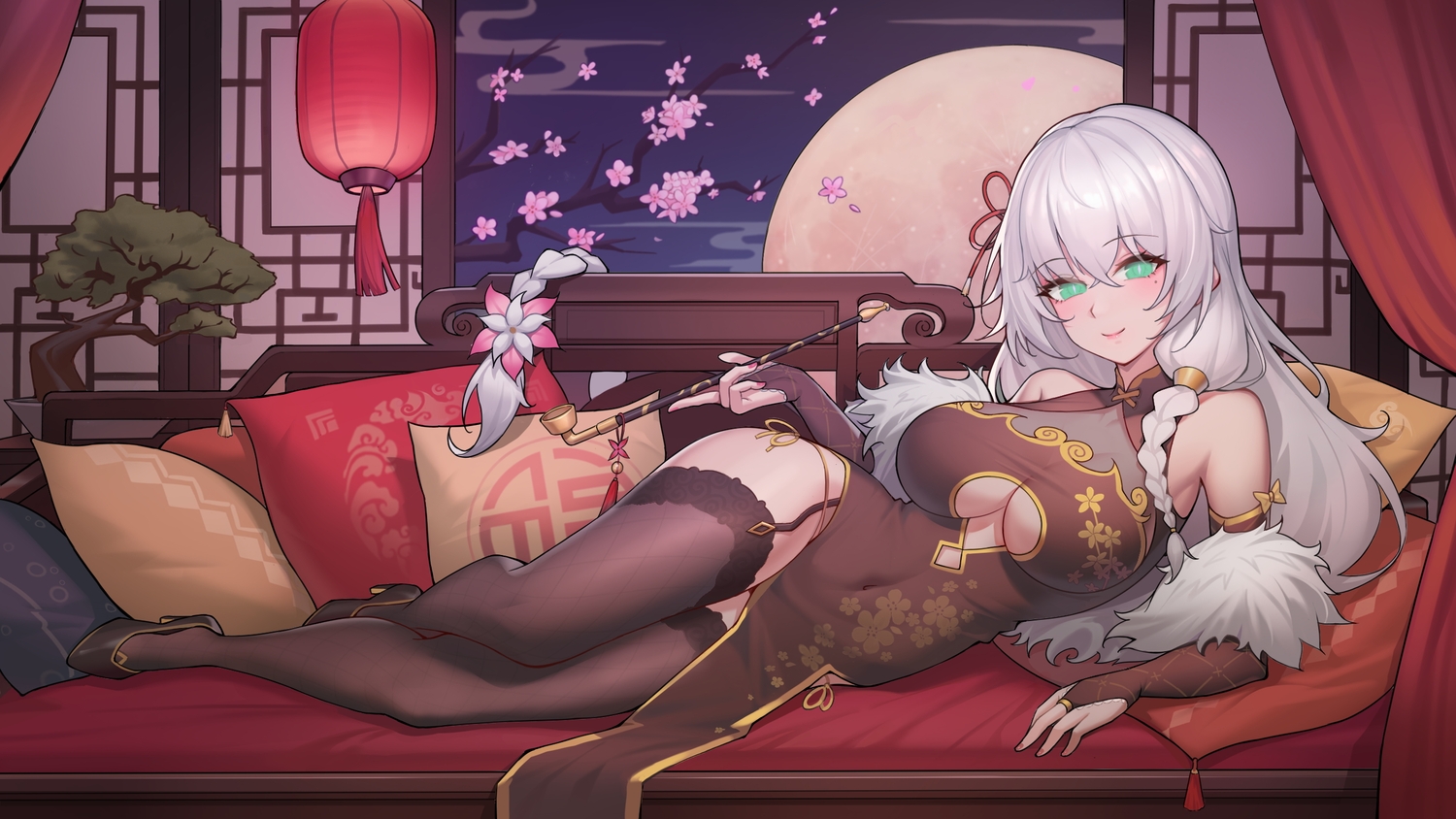 braids, chinese_clothes, chinese_dress, chun_zhuan, dress, elbow_gloves, flowers, garter_belt, gloves, gray_hair, long_hair, moon, night, ponytail, sky, smoking, stockings, tagme_(character)