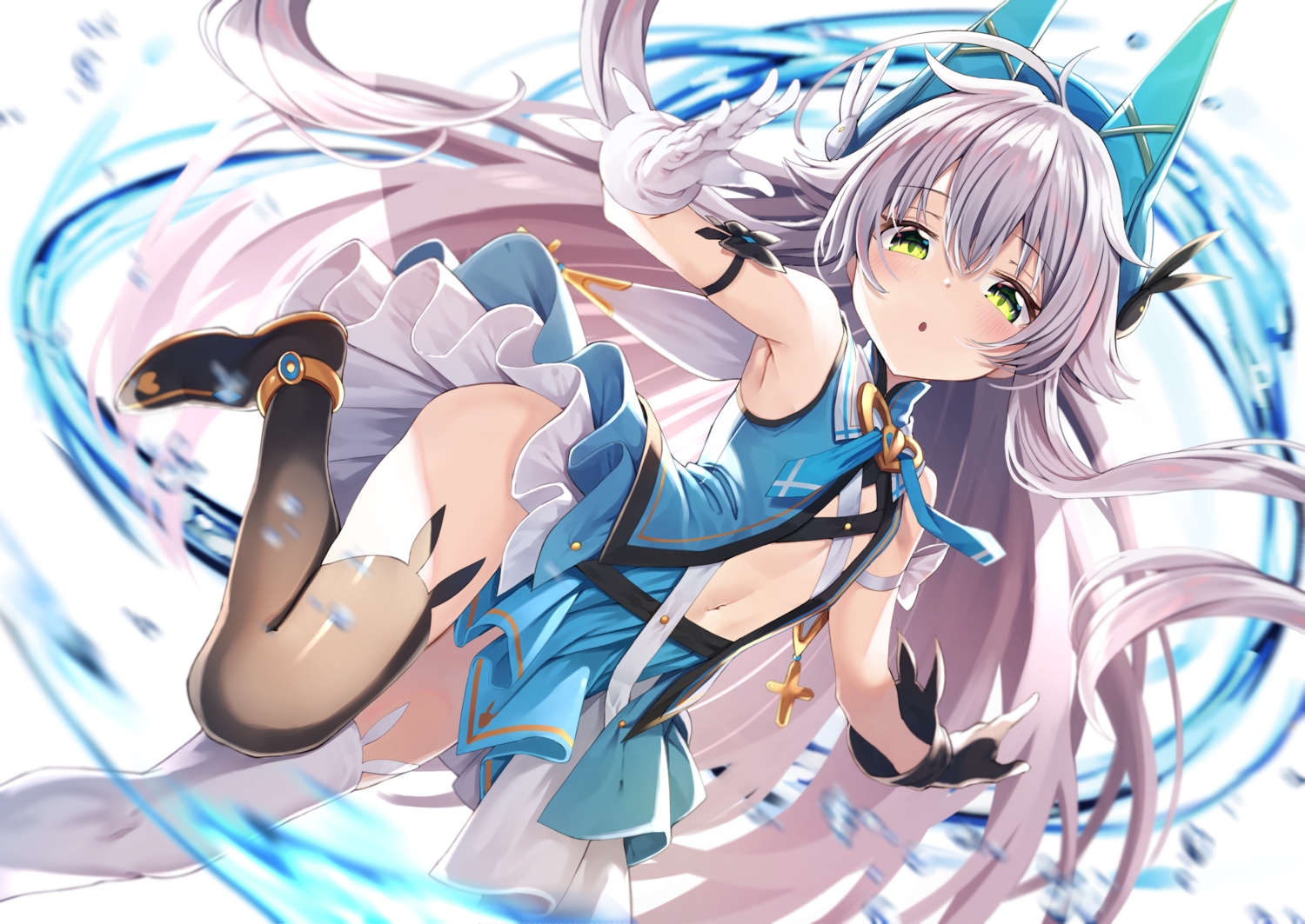 altina_orion, blush, dress, gloves, gray_hair, green_eyes, gurasion_(gurasion), loli, long_hair, sen_no_kiseki, thighhighs, water