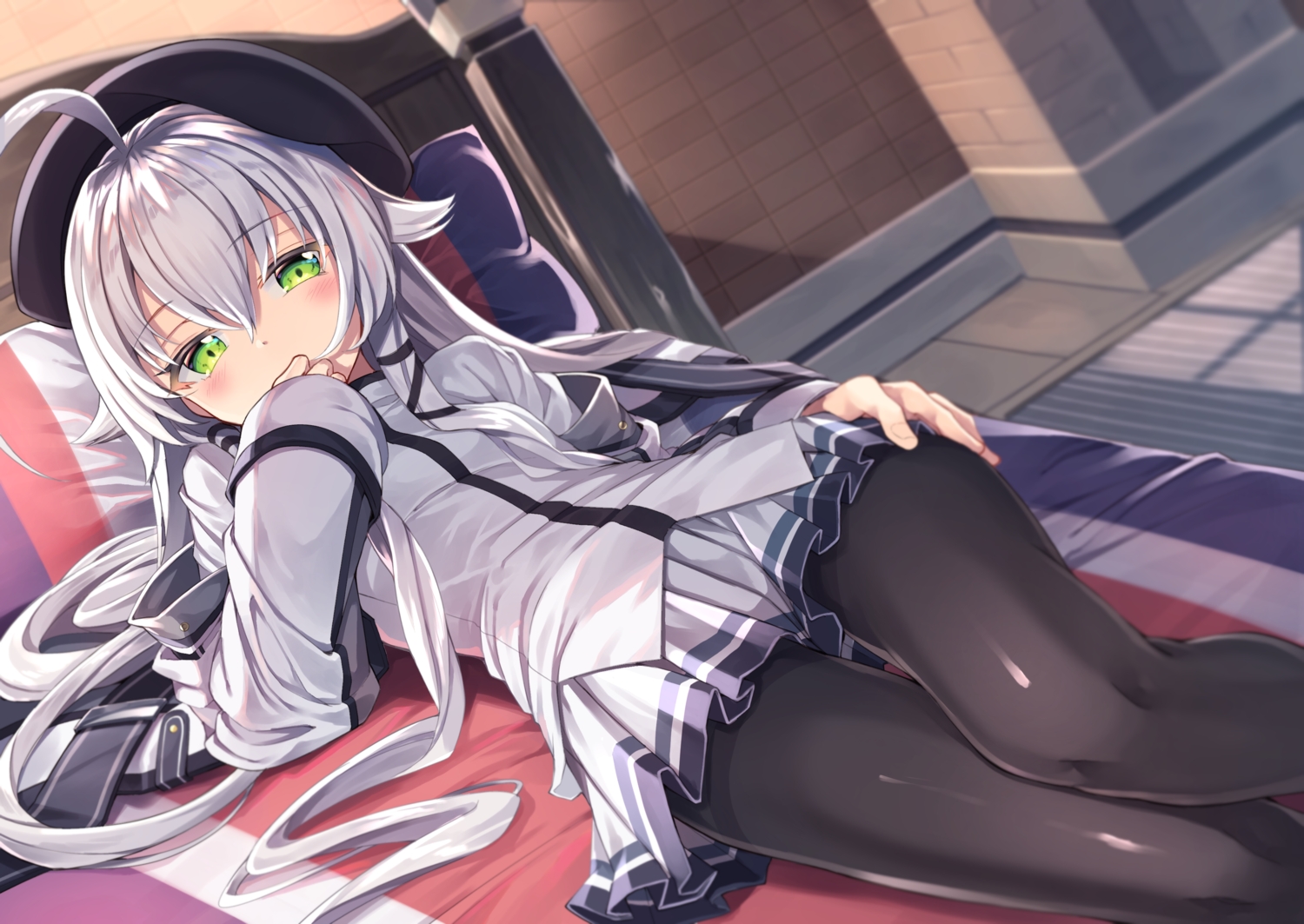 altina_orion, bed, blush, gray_hair, gurasion_(gurasion), hat, long_hair, pantyhose
