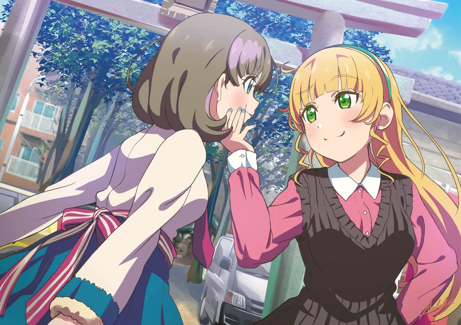 2girls, al_aoi_aoba, blonde_hair, blue_eyes, bow, building, city, clouds, dress, gray_hair, green_eyes, headband, heanna_sumire, liella, love_live!_school_idol_project, love_live!_superstar!!, ribbons, shirt, short_hair, shoujo_ai, skirt, sky, tang_keke, tie, torii, tree