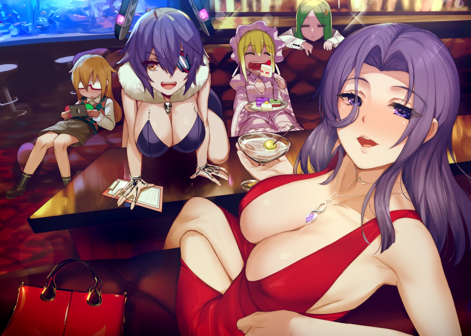 anthropomorphism, blonde_hair, brown_hair, cake, couch, dress, drink, erect_nipples, food, game_console, glasses, green_hair, group, kantai_collection, kusaka_souji, lolita_fashion, long_hair, mochizuki_(kancolle), nagatsuki_(kancolle), necklace, purple_eyes, purple_hair, satsuki_(kancolle), tatsuta_(kancolle), tenryuu_(kancolle)