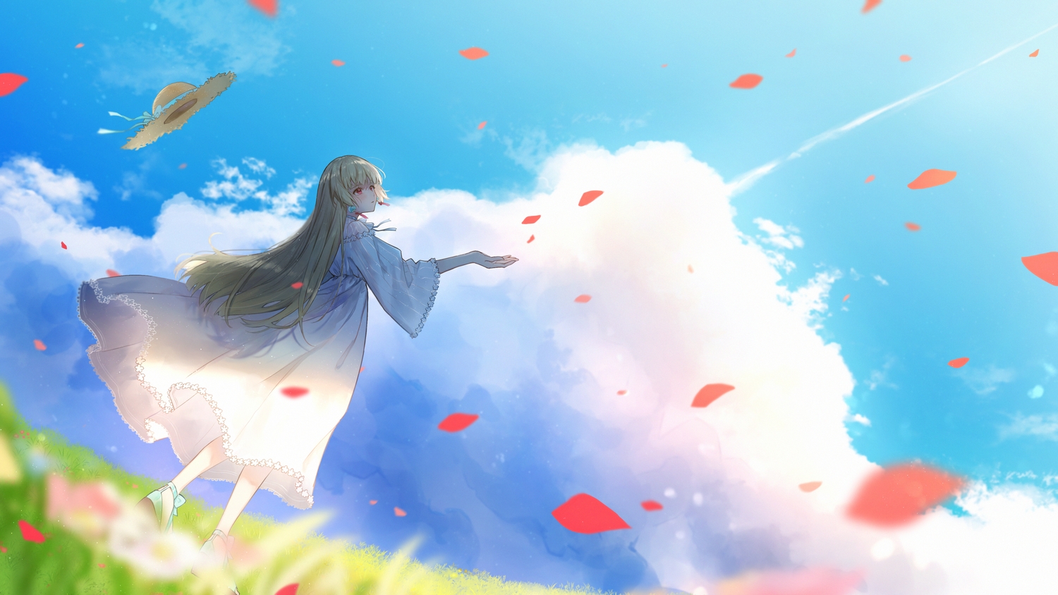 blonde_hair, blush, clouds, dress, fuuka_rin, grass, hat, long_hair