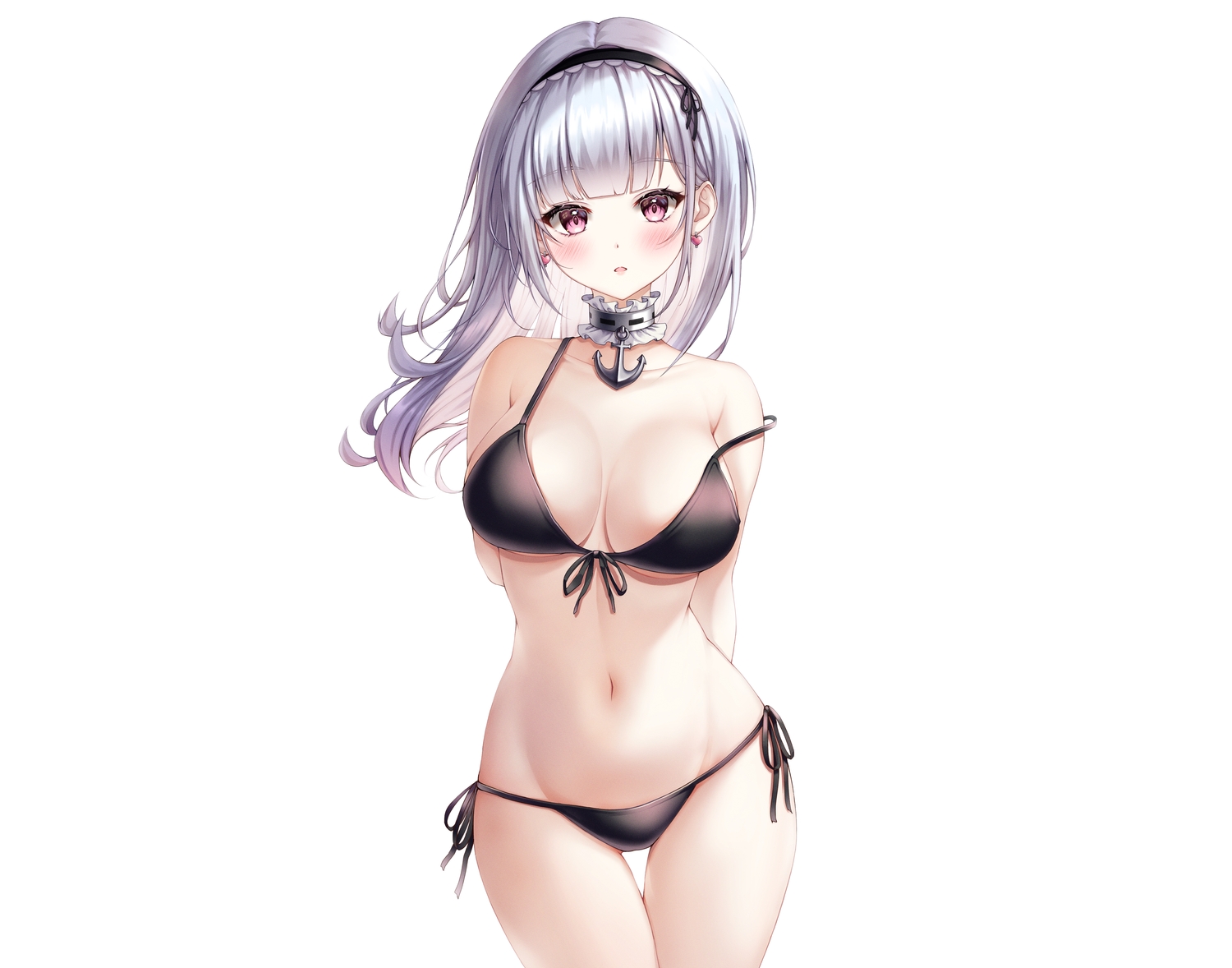 anthropomorphism, azur_lane, bikini, blush, choker, dido_(azur_lane), gray_hair, headband, kuca_(ku_ca18), long_hair, navel, purple_eyes, swimsuit, white