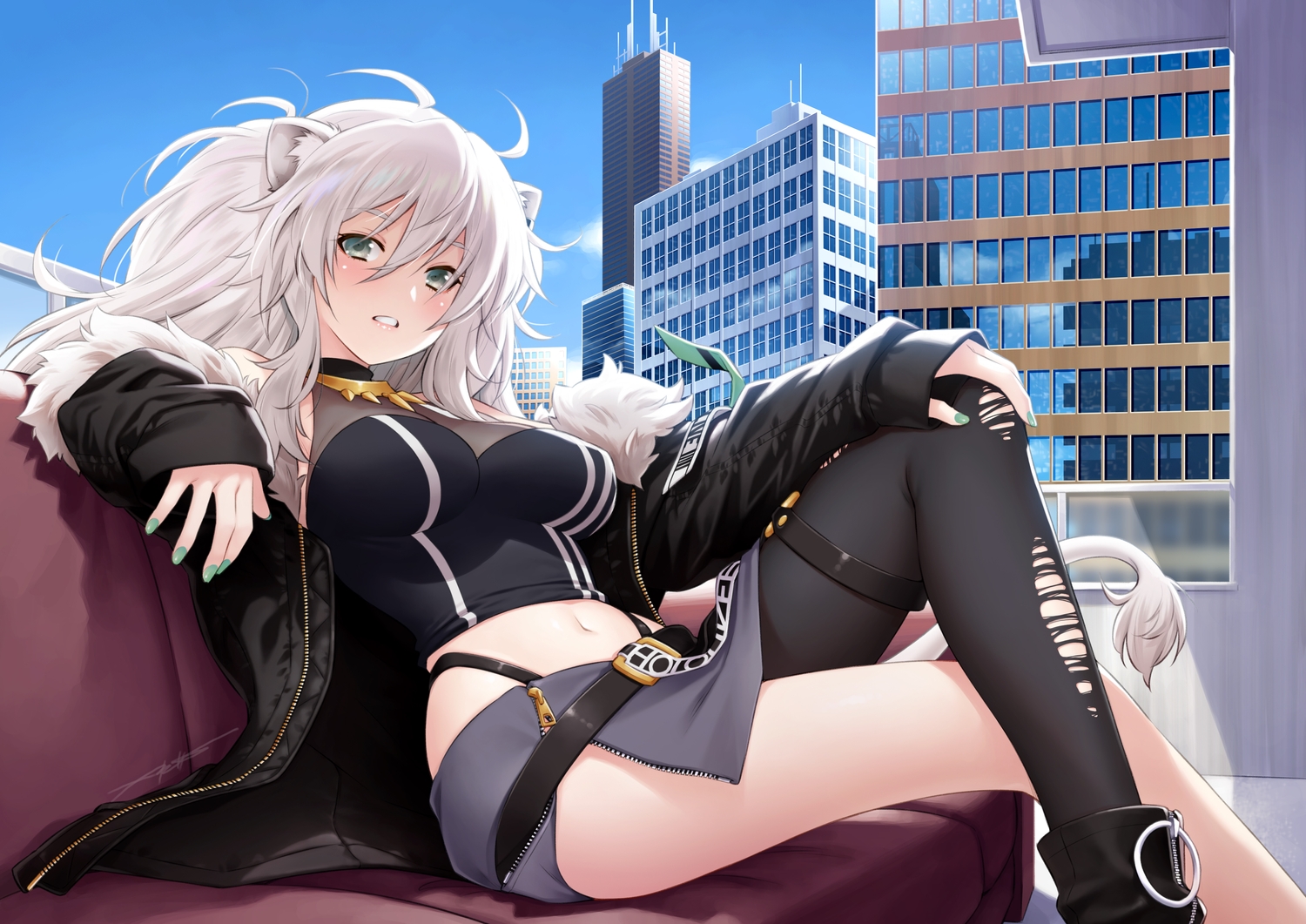 animal_ears, building, catgirl, city, garter, hololive, kazuma_muramasa, long_hair, navel, reflection, shishiro_botan, tail, torn_clothes, white_hair