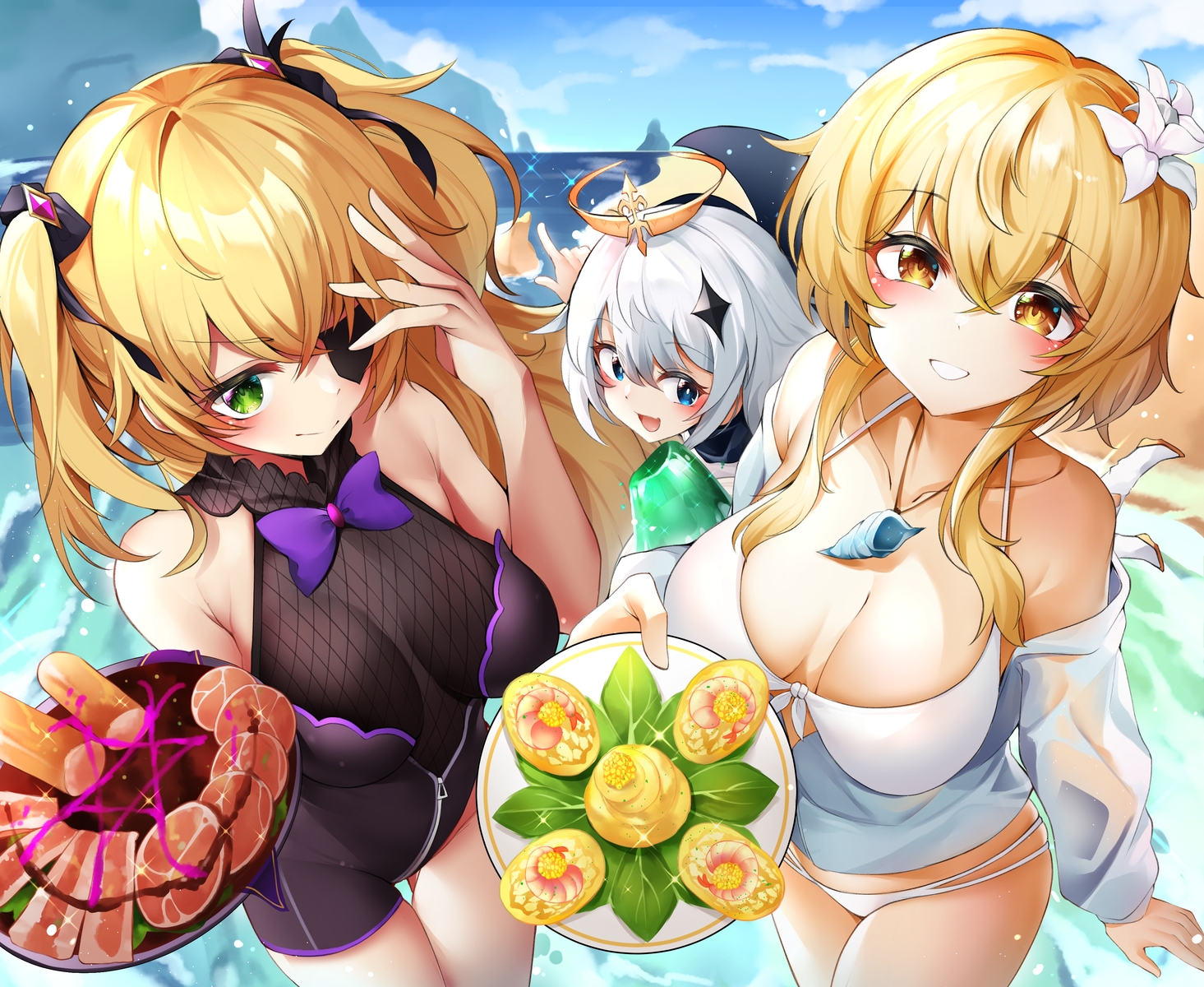 bikini, brown_hair, clouds, eyepatch, fischl_(genshin_impact), food, genshin_impact, green_eyes, gr_greeze, long_hair, lumine_(genshin_impact), paimon_(genshin_impact), sky, swimsuit