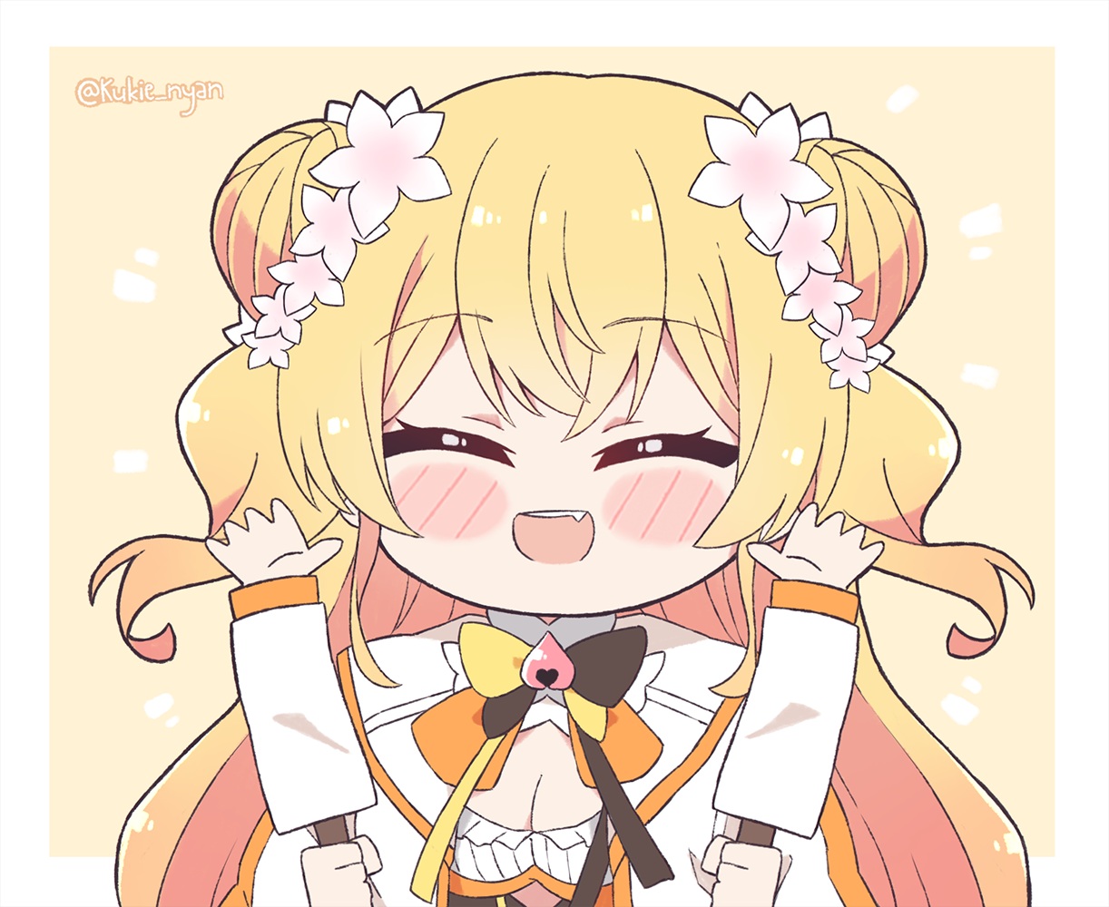 blonde_hair, blush, bow, breasts, cleavage, fang, hololive, kukie-nyan