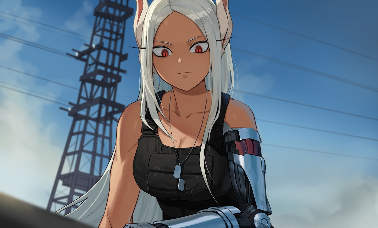 animal_ears, armor, boku_no_hero_academia, breasts, bunny_ears, bunnygirl, cleavage, close, clouds, cosplay, cyberpunk_2077, dark_skin, jason_kim, long_hair, mirko, necklace, parody, red_eyes, sky, techgirl, white_hair