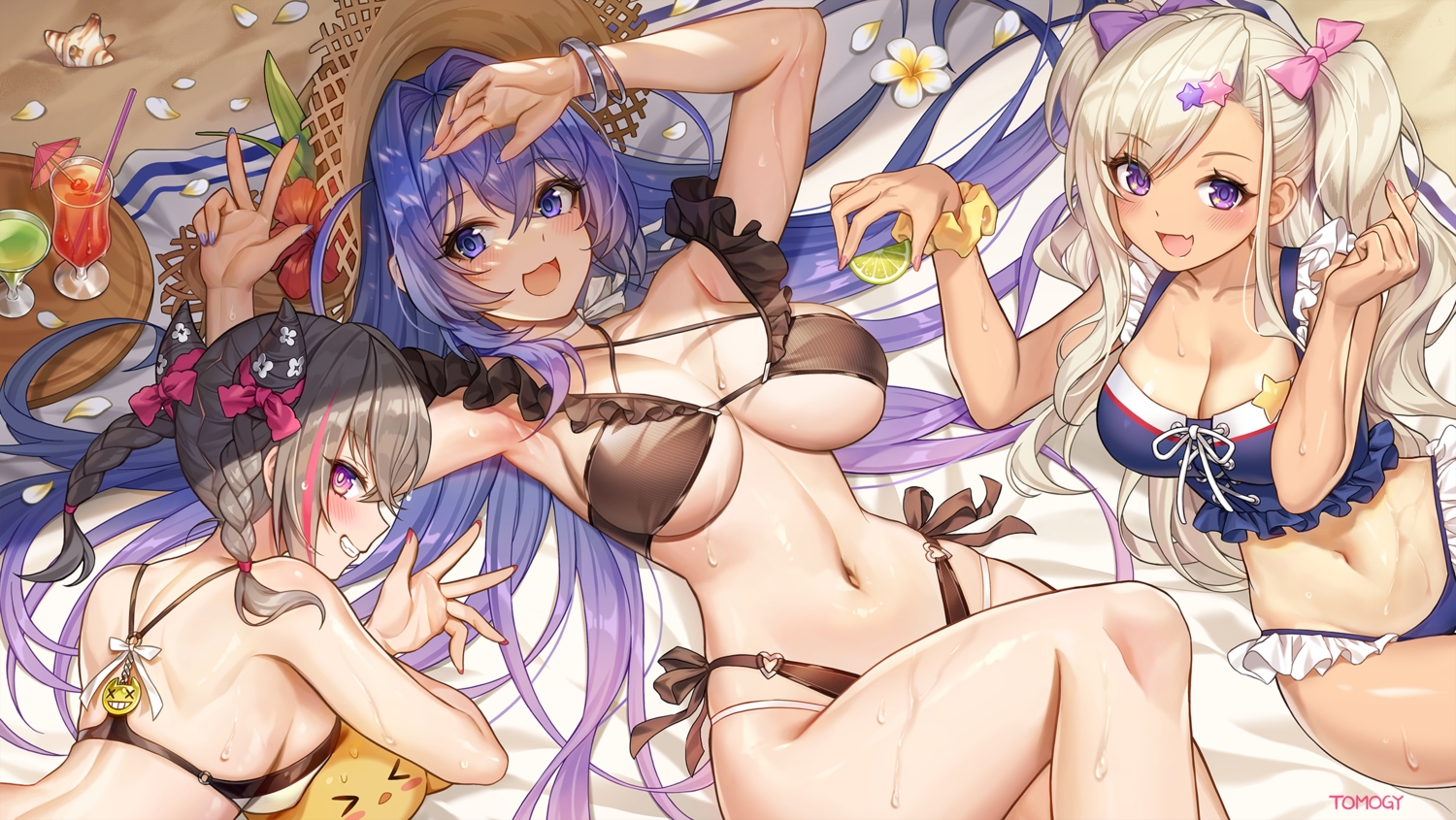 anthropomorphism, archerfish_(azur_lane), azur_lane, bikini, braids, cat_smile, drink, fang, food, fruit, hat, manjuu_(azur_lane), navel, new_jersey_(azur_lane), san_francisco_(azur_lane), signed, swimsuit, tomogy, twintails