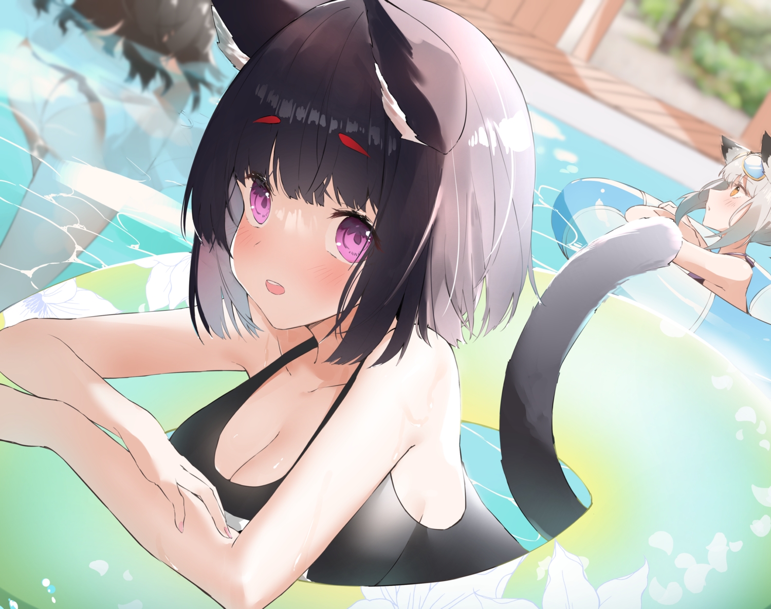 animal_ears, anthropomorphism, azur_lane, breasts, catgirl, cleavage, cotton_kanzaki, pool