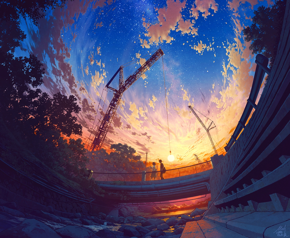 clouds, cropped, dark, drink, grass, industrial, male, mocha_(cotton), original, short_hair, signed, skirt, sky, stairs, stars, sunset, water