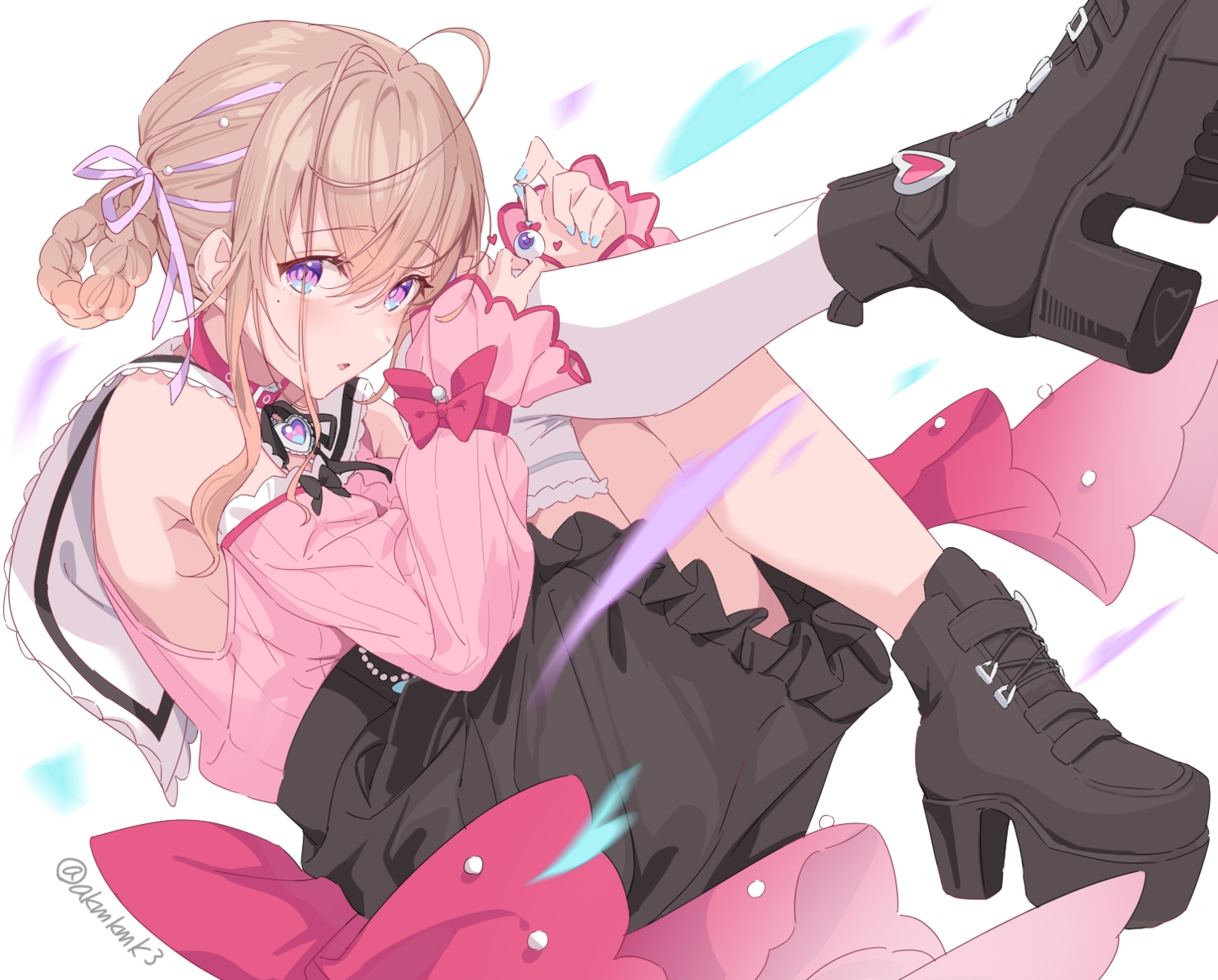 aizawa_momo, akamoku, blush, boots, bow, brown_hair, cape, collar, purple_eyes, ribbons, short_hair, signed, skirt, thighhighs, voice-ore