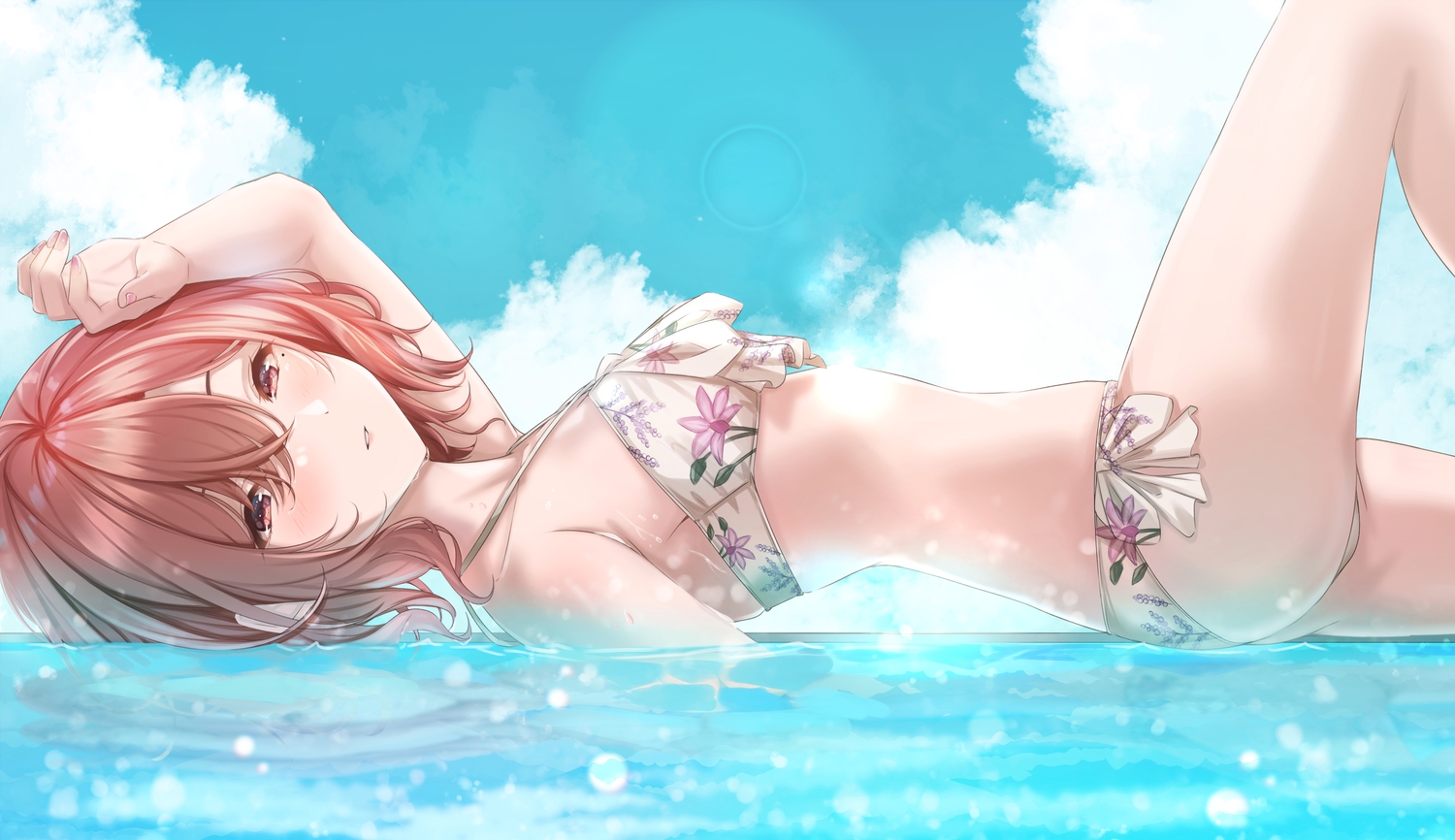 bikini, brown_eyes, brown_hair, clouds, higuchi_madoka, idolmaster, idolmaster_shiny_colors, short_hair, sky, swimsuit, water, yuzuyu_(hyui)