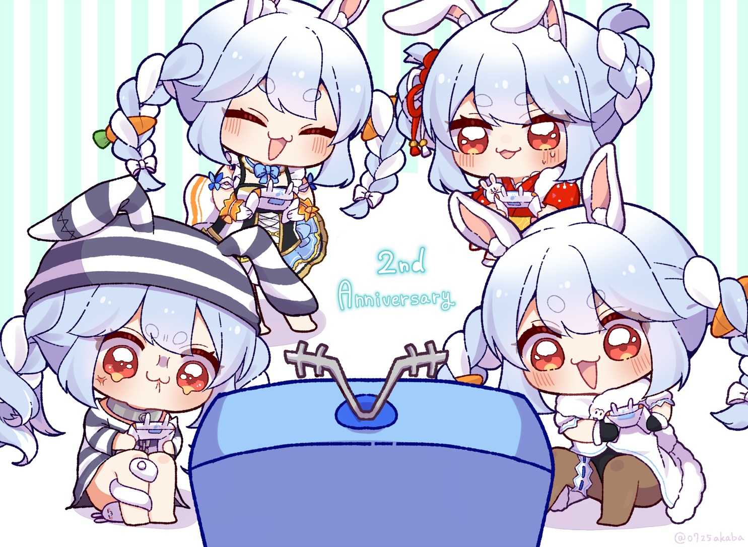 0725akaba, animal_ears, barefoot, blue_hair, blush, bow, braids, bunny_ears