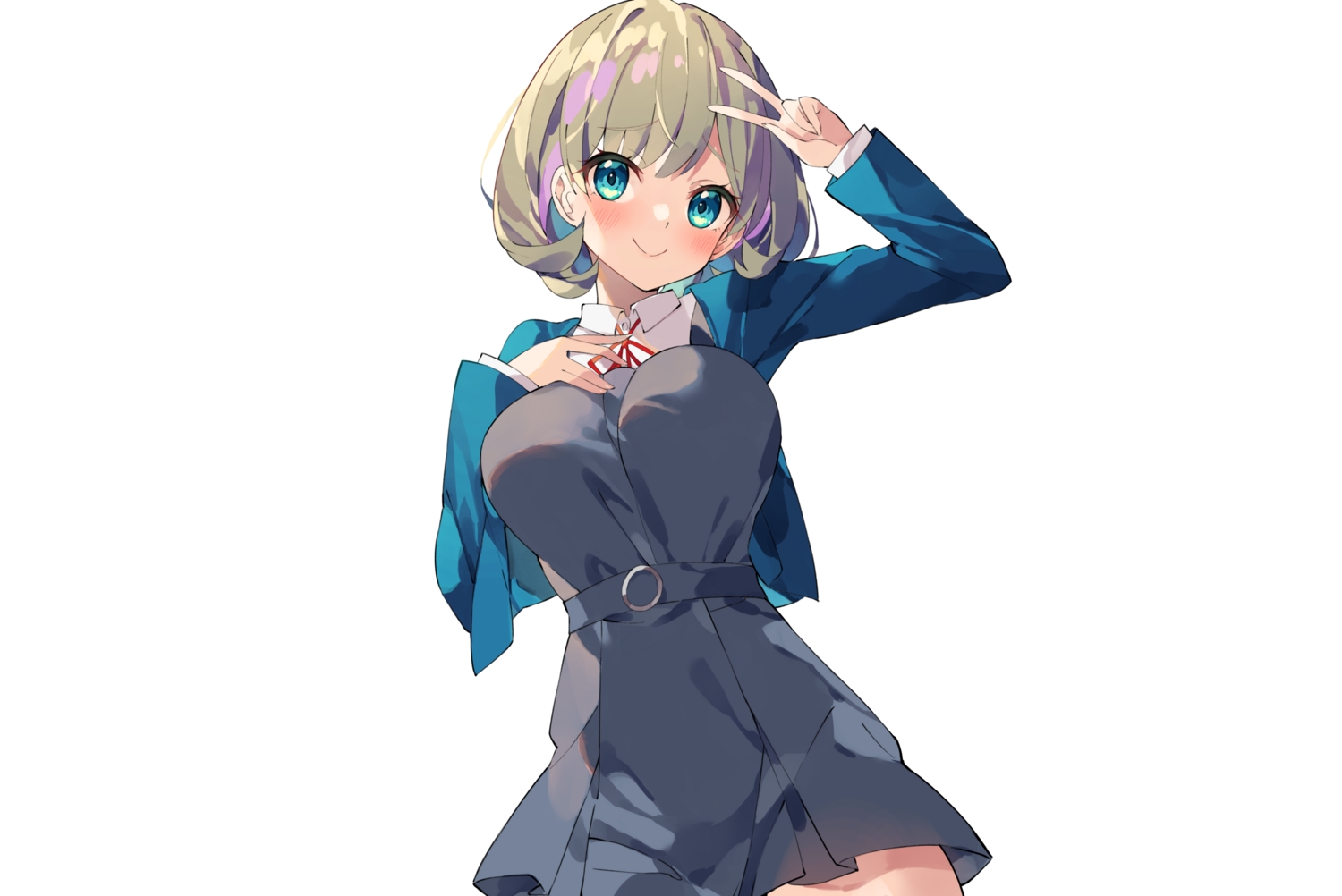 aqua_eyes, blush, breast_hold, breasts, brown_hair, dress, love_live!_school_idol_project, love_live!_superstar!!