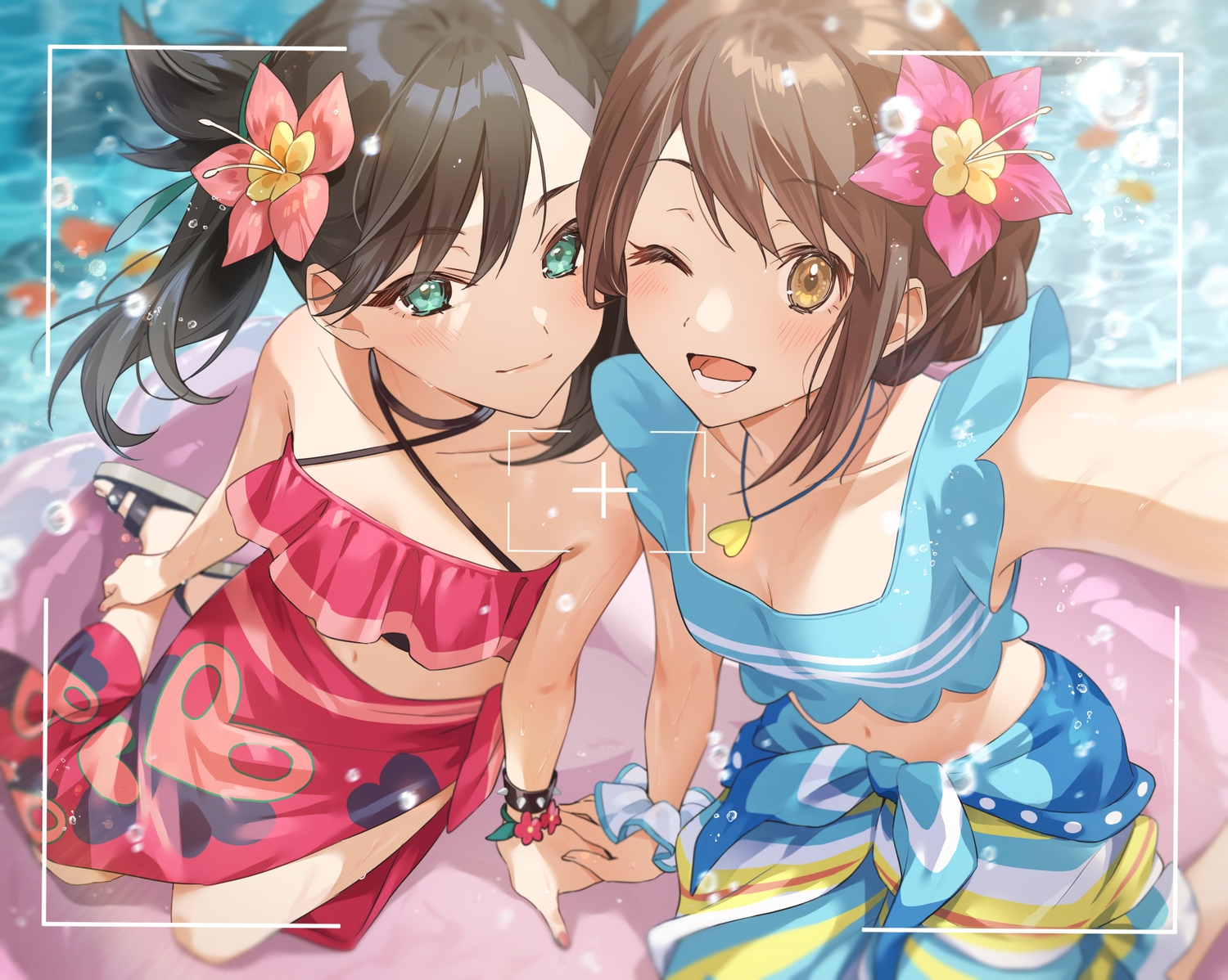 2girls, beach, bikini_top, breasts, brown_eyes, brown_hair, camera, cleavage