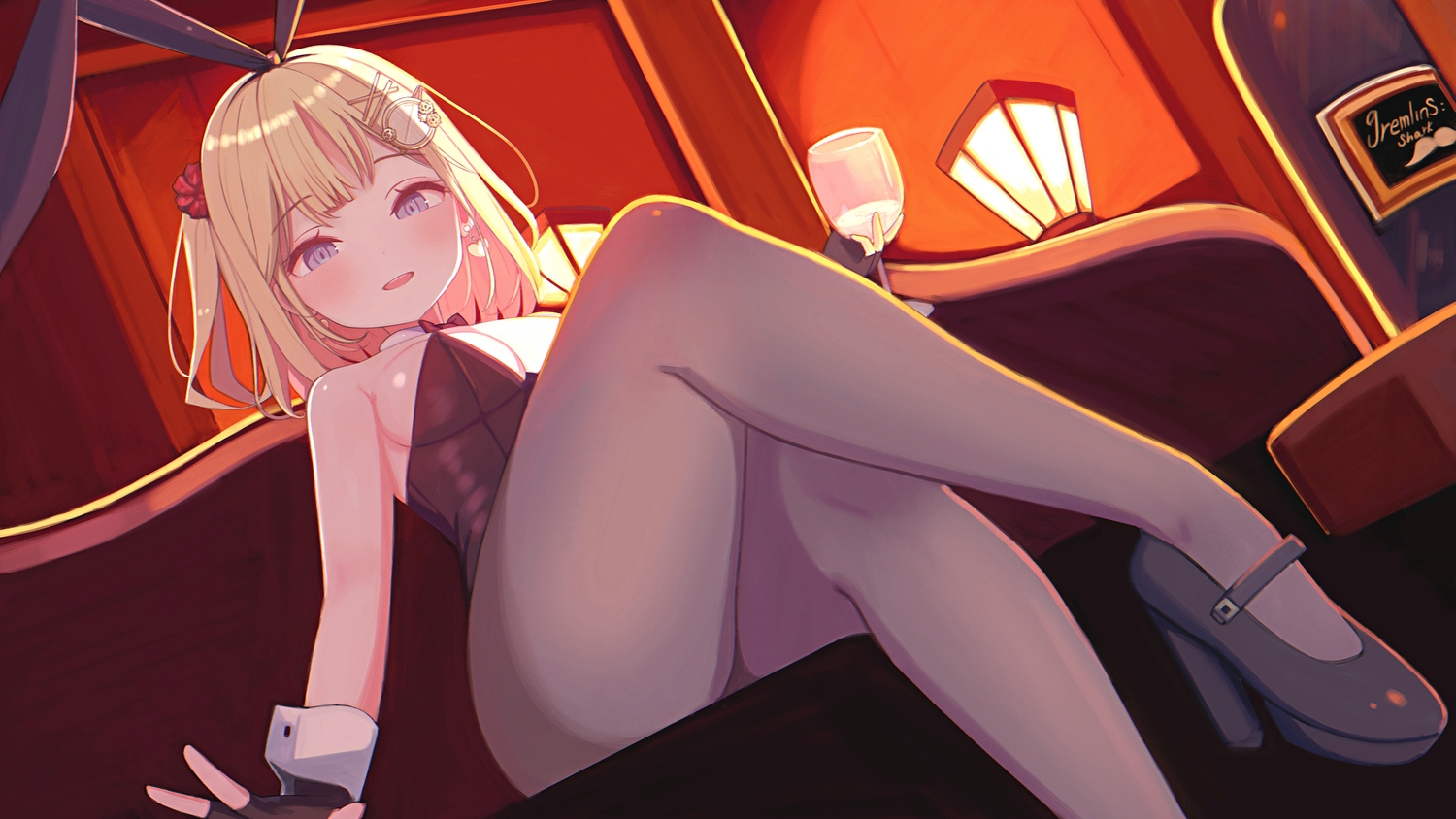 amelia_watson, animal_ears, blonde_hair, breasts, bunny_ears, bunnygirl, couch, drink, gloves, headband, hololive, leotard, no_bra, pantyhose, ponytail, rose_neru, wristwear