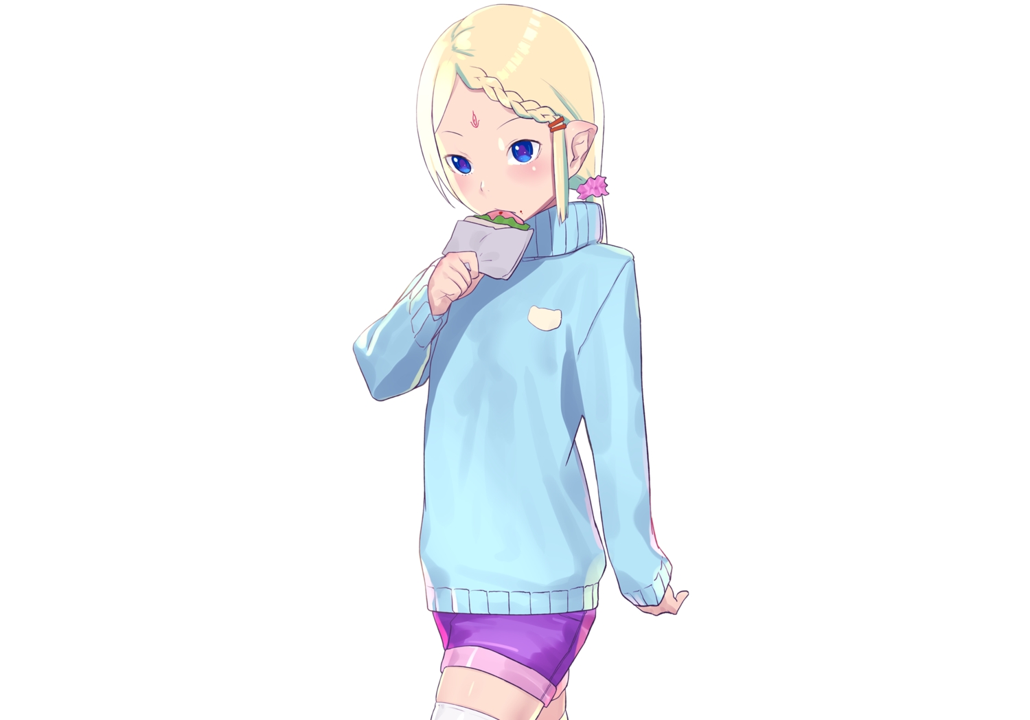 blonde_hair, blue_eyes, braids, cop_craft:_dragnet_mirage_reloaded, flat_chest, food, pointed_ears, shorts, thighhighs, tilarna_exedilika, ts-ix, zettai_ryouiki