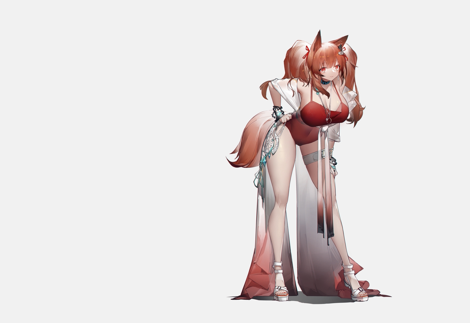 angelina_(arknights), animal_ears, arknights, breasts, cameltoe, choker, cleavage, fang, foxgirl, garter, gray, long_hair, necklace, red_eyes, swimsuit, tail, twintails, wristwear, yushi_ketsalkoatl