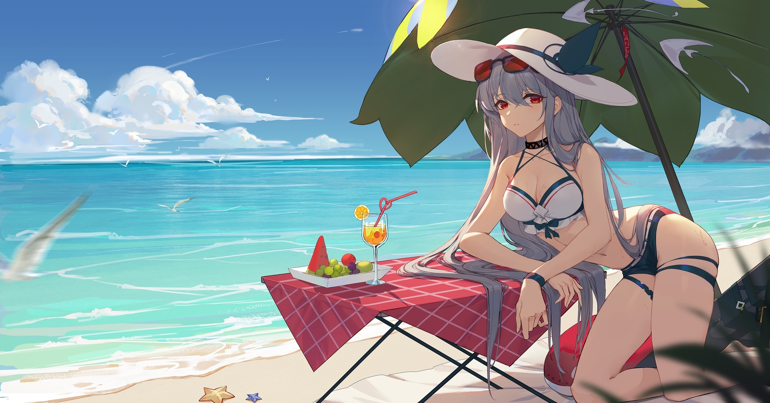 animal, arknights, beach, bird, clouds, drink, food, fruit, gray_hair, hat, lance_(lancelliu), long_hair, navel, red_eyes, skadi_(arknights), sky, umbrella, water