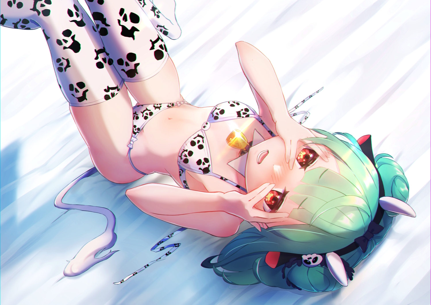 animal_ears, bell, bikini, cowgirl, green_hair, headband, hololive, horns, long_hair, navel, nemu_iine, swimsuit, tail, thighhighs, uruha_rushia