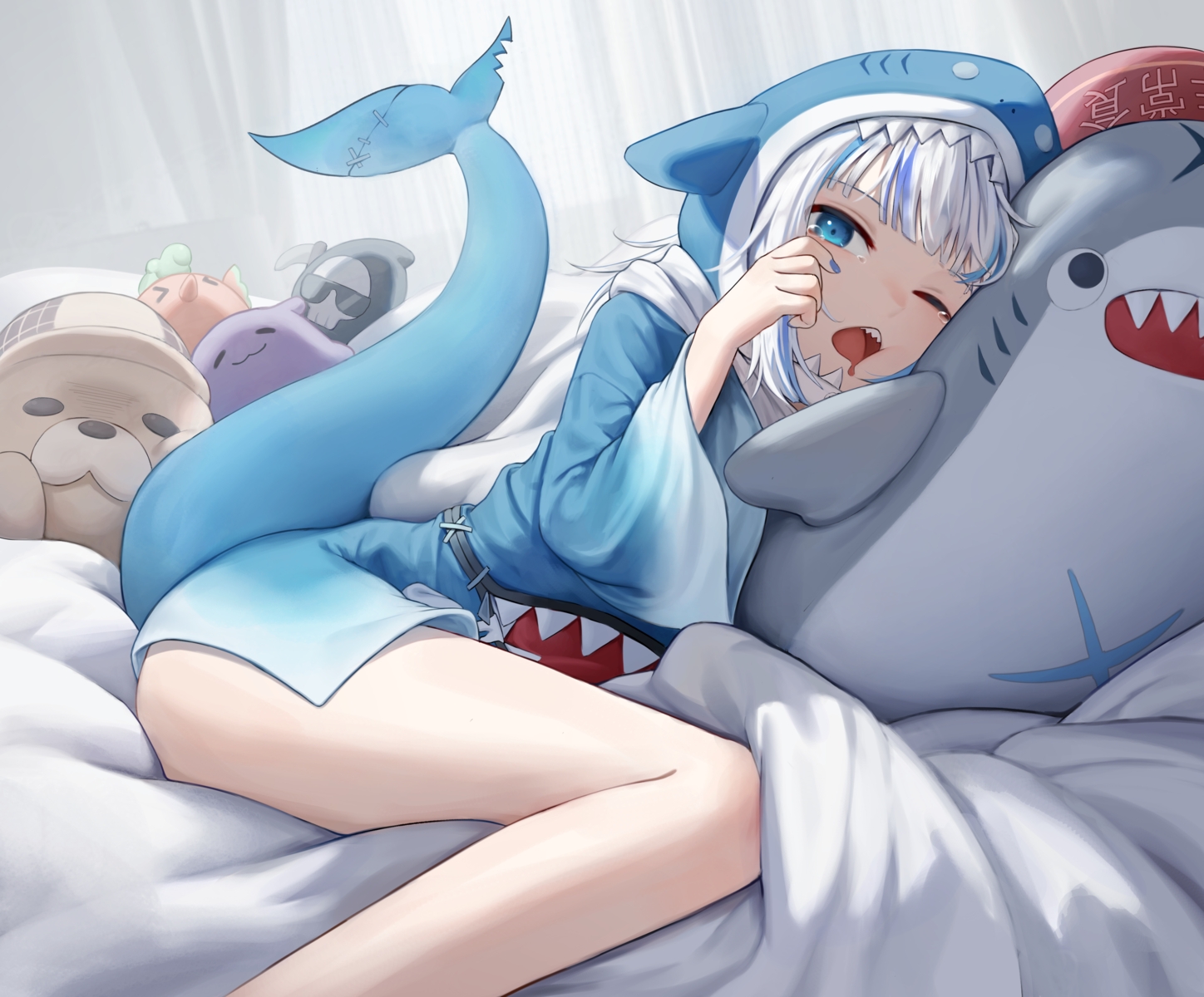 aqua_eyes, bed, fang, gawr_gura, hololive, hood, ritae, short_hair, tail, tears, white_hair, wink