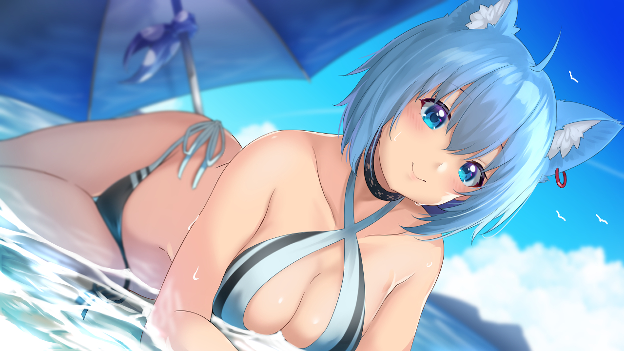 774_inc., aliasing, animal_ears, aqua_eyes, aqua_hair, bikini, blush, breasts, choker, cleavage, clouds, enatsu, sky, souya_ichika, swimsuit, umbrella, water
