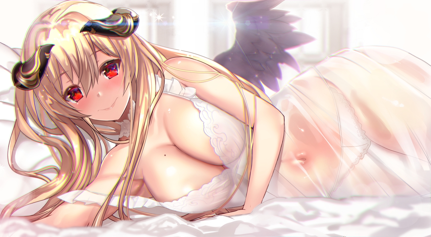 bed, blonde_hair, breasts, choker, cleavage, demon, feathers, horns, long_hair, navel, original, panties, red_eyes, see_through, underwear, untue, wings