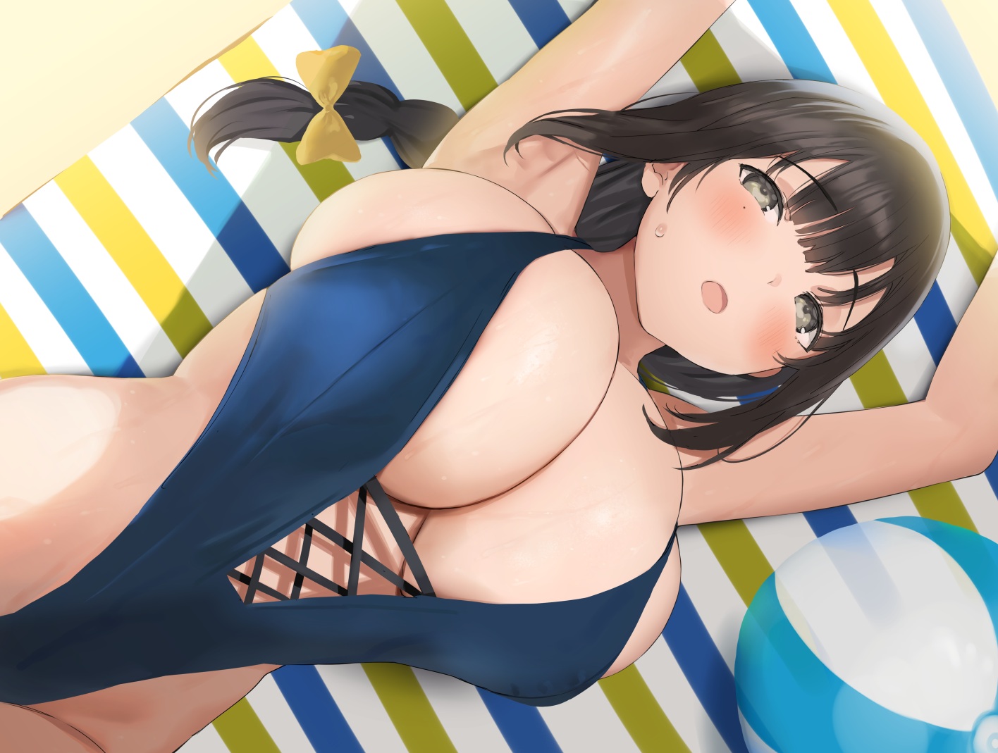 ball, black_hair, blush, bow, braids, breasts, cleavage, gray_eyes, long_hair, nekoshoko, original, ponytail, sideboob, swimsuit, towel