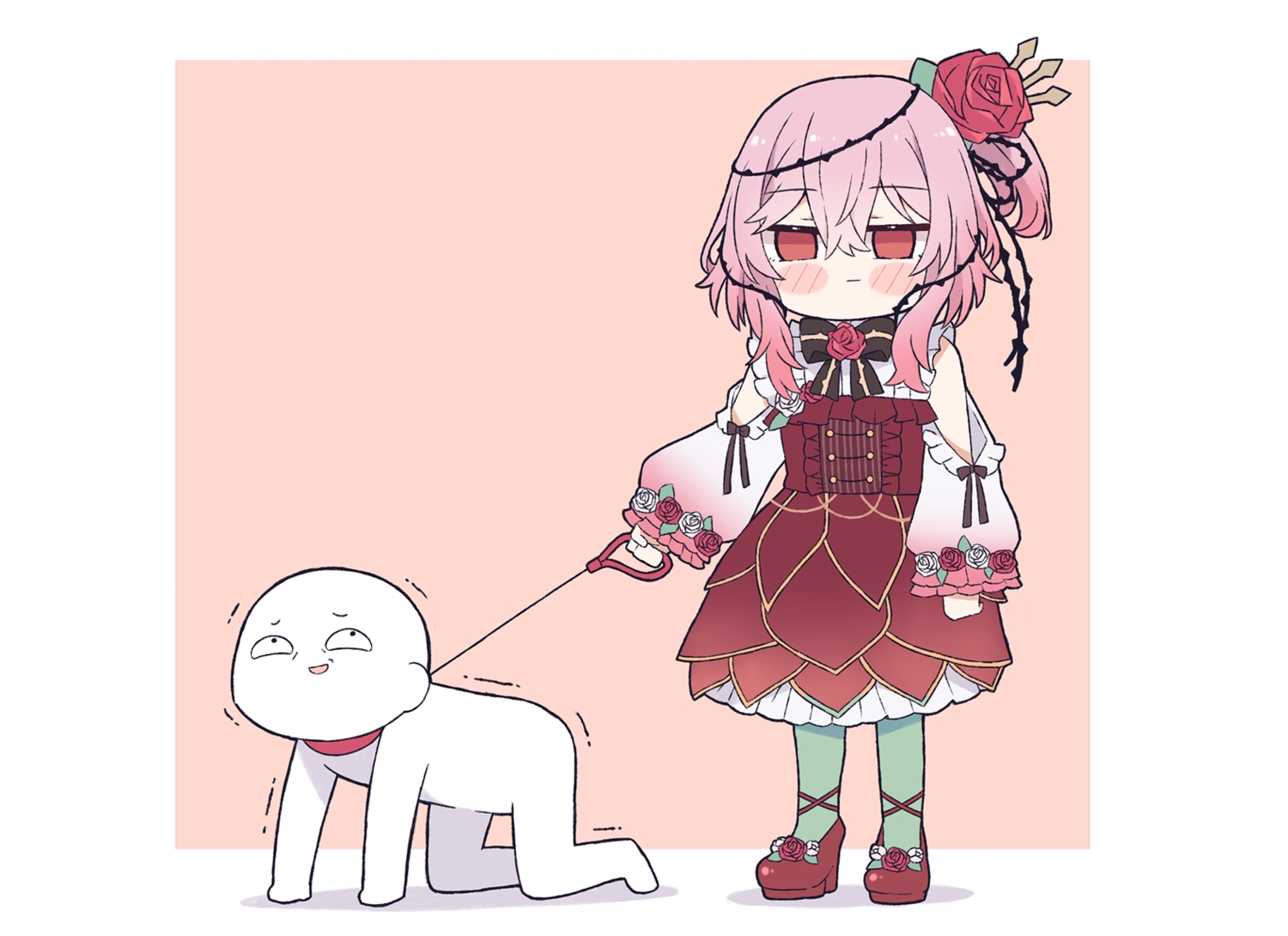 blush, bondage, bow, flowers, kukie-nyan, lolita_fashion, nijisanji, pantyhose, pink, pink_hair, ponytail, rose, rosemi_lovelock, third-party_edit