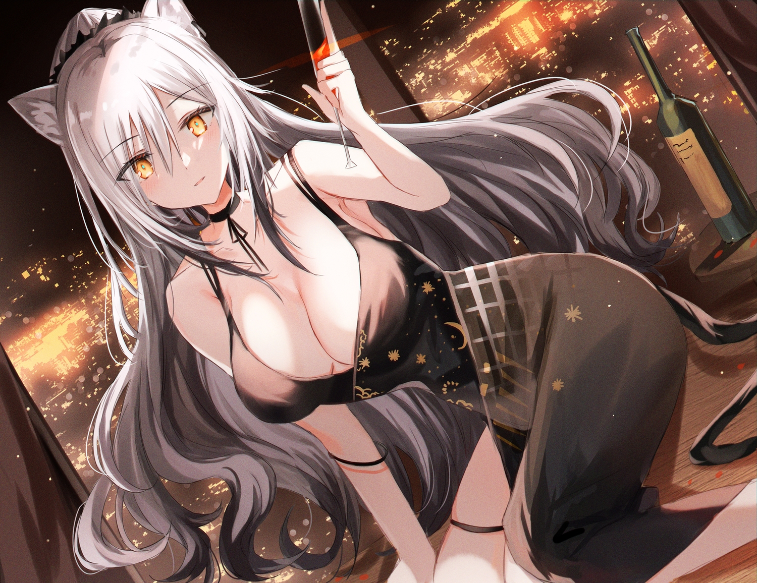 animal_ears, arknights, building, catgirl, city, dress, drink, gray_hair