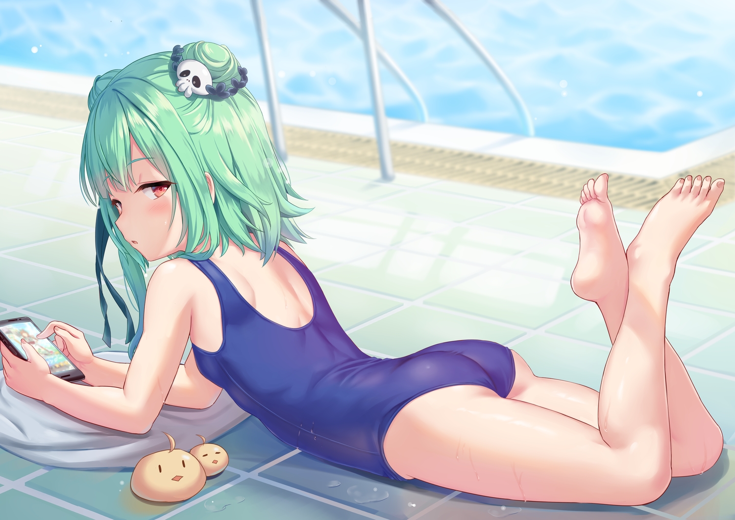 animal, ass, barefoot, bird, green_hair, hololive, phone, pool