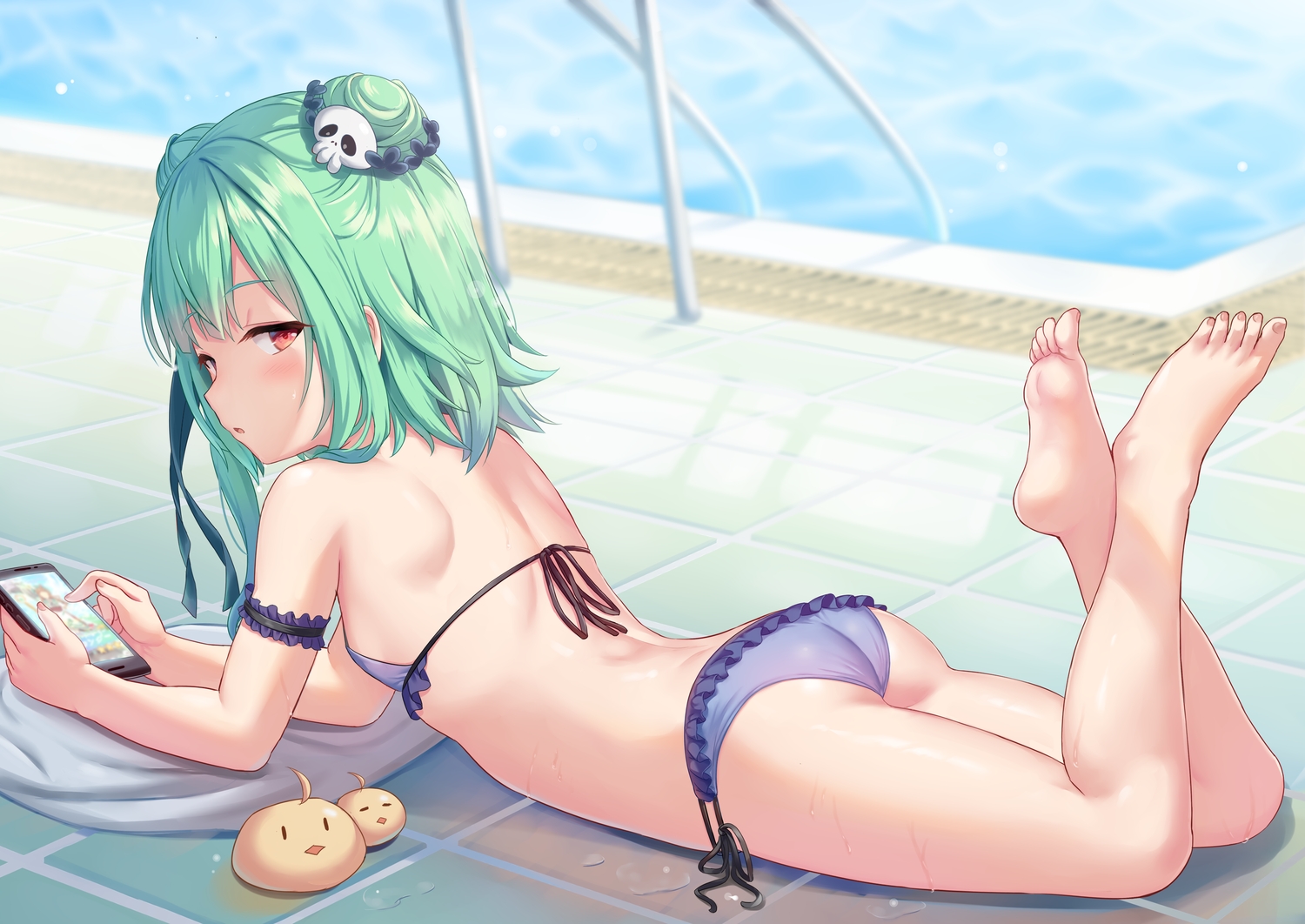 animal, ass, barefoot, bikini, bird, green_hair, hololive, phone