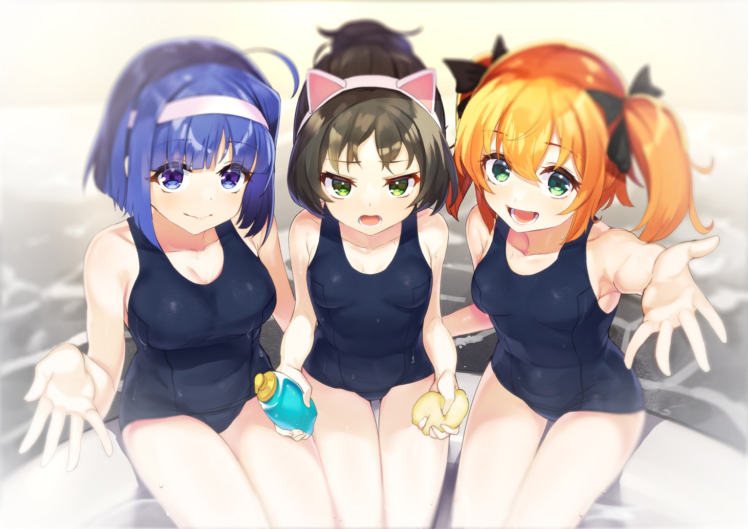 animal_ears, blue_eyes, blue_hair, breasts, brown_hair, cleavage, green_eyes, hazuki_kurumi, headband, kaitou_tenshi_twin_angel, kannazuki_aoi, minnazuki_haruka, minutachi, orange_hair, school_swimsuit, short_hair, swimsuit, twintails