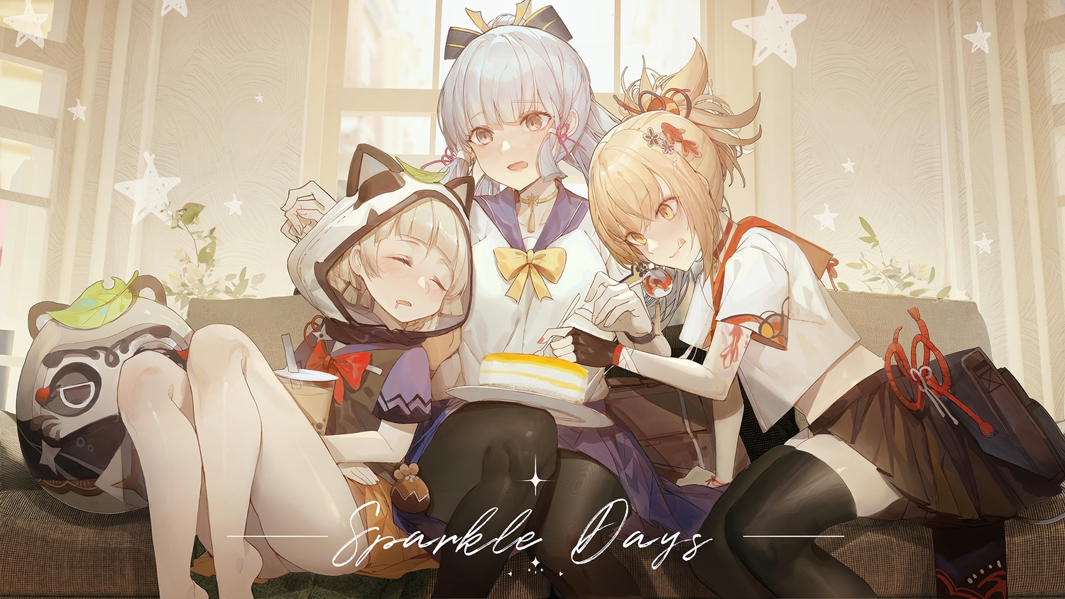 animal_ears, cake, couch, drink, food, genshin_impact, hood, kamisato_ayaka